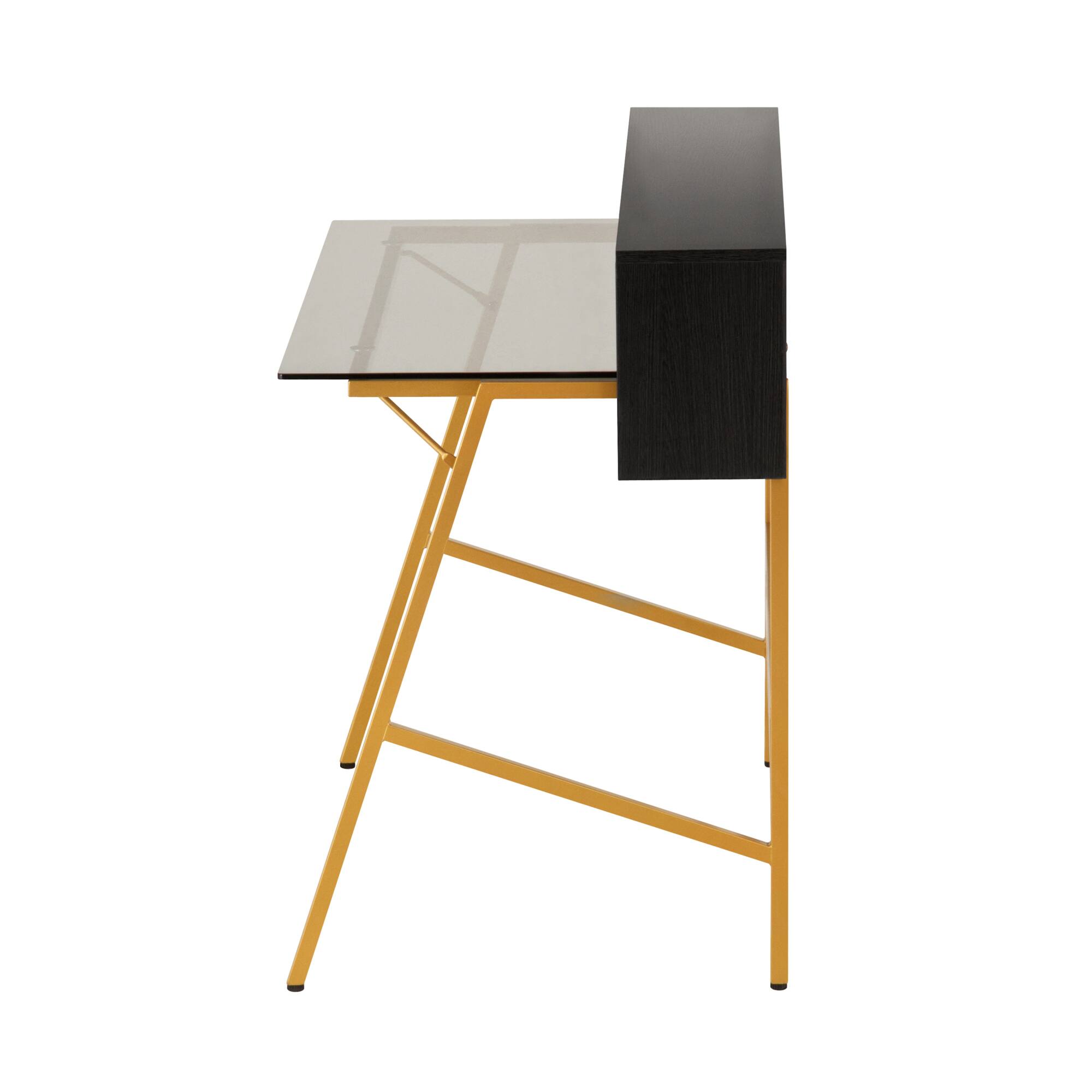 Alt View 5. GOODSILO - Modern Home Office Writing Desk with Tempered Glass Top and Open Shelves - Gold.