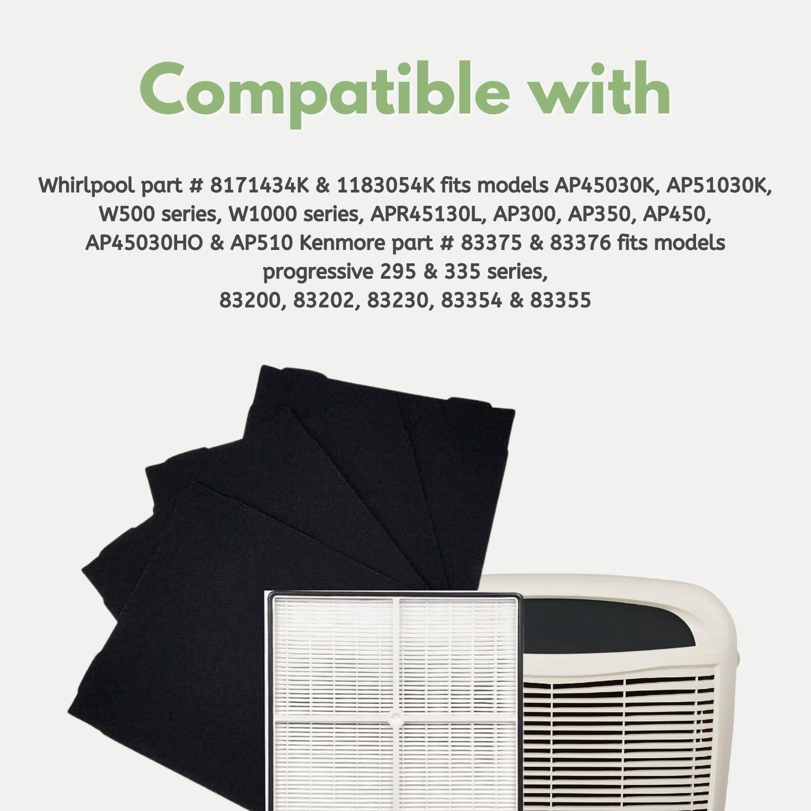 Compatible with

Whirlpool part # 8171434K & 1183054K fits models AP45030K, AP51030K, W500 series, W1000 series, APR45130L, AP300, AP350, AP450, AP45030HO & AP510

Kenmore part # 83375 & 83376 fits models progressive 295 & 335 series, 83200, 83202, 83230, 83354 & 83355
