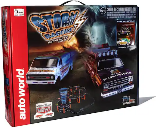 10+ CAUTION - ELECTRICALLY OPERATED TOY
auto world
STORM RACERS
ELECTRIC SLOT CAR RACE SET
1975 Chevy Blazer "AMP" E-Traction
1975 Dodge Van "AMP" Gea
INTRODUCING OUR NEW!
auto world
STORMTROOPER
23 RACING THRILLS
PRESSURE DETAIL
SEE OUR INTRODUCING