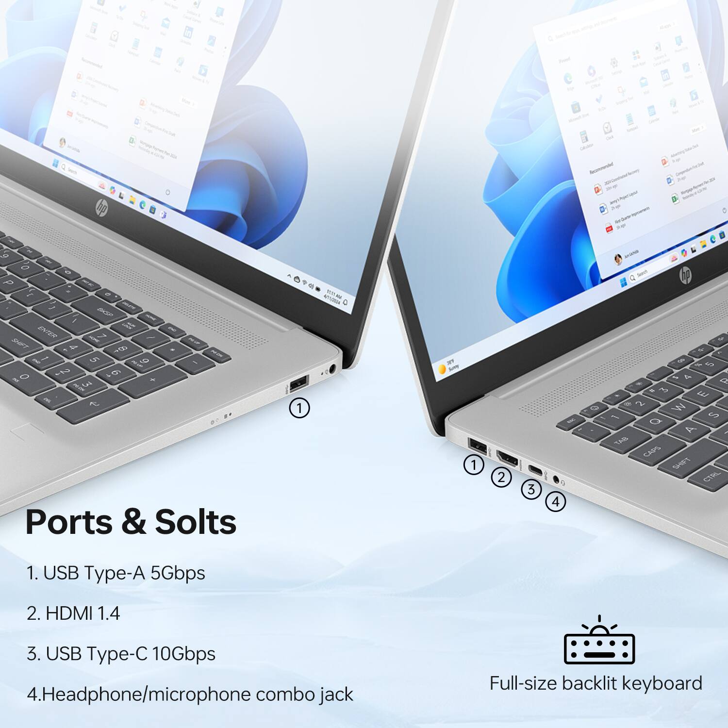 Ports & Slots

1. USB Type-A 5Gbps
2. HDMI 1.4
3. USB Type-C 10Gbps
4. Headphone/microphone combo jack

Full-size backlit keyboard