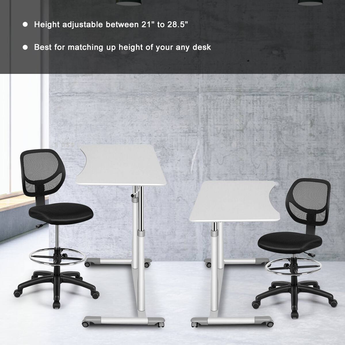 The text on the image says, "Height adjustable between 21" to 28.5" Best for matching up height of your any desk."