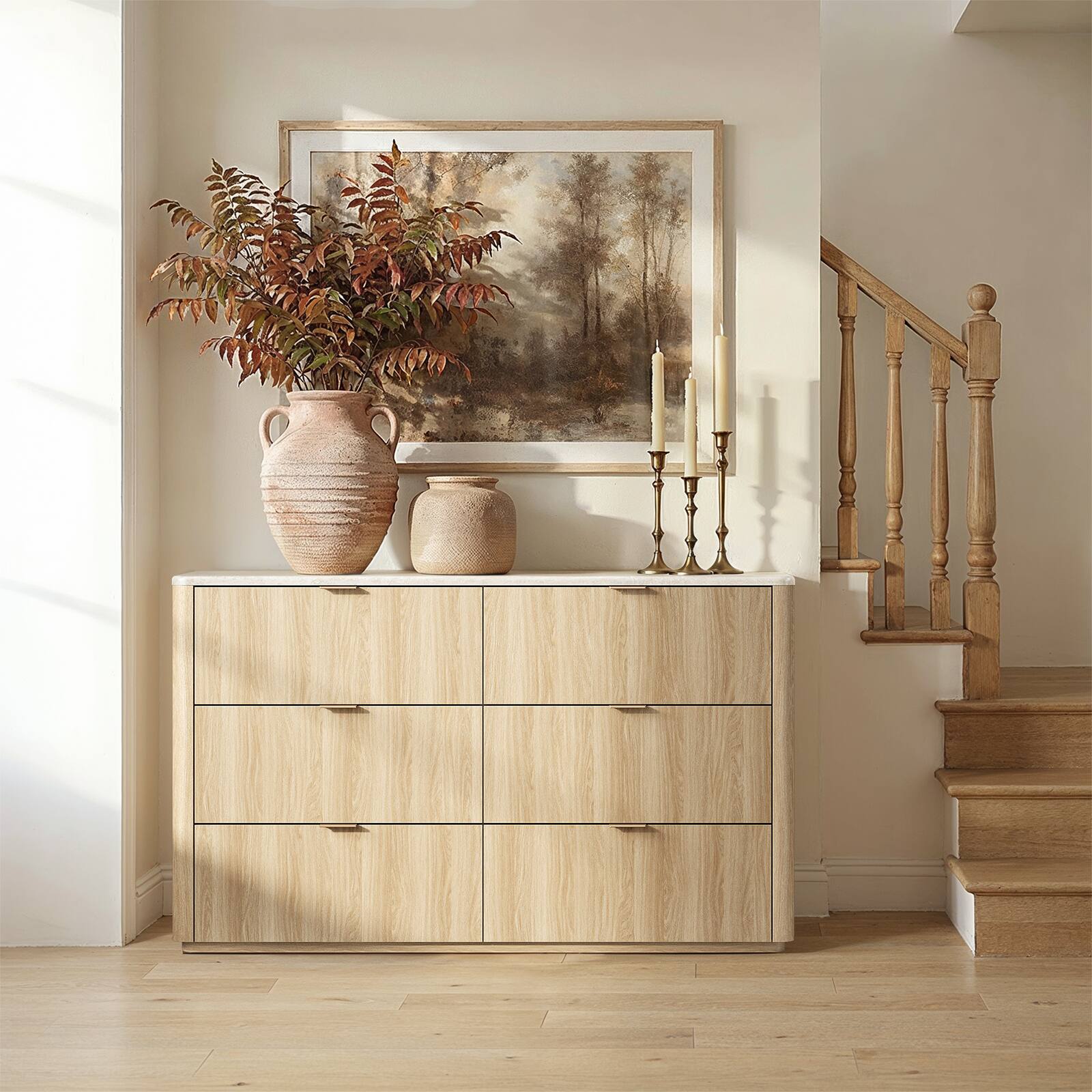 Angle. ModernMate - 53.94" Modern 6 Drawers Dresser Faux Travertine Dresser Chest for Bedroom Living Room - Natural Oak.