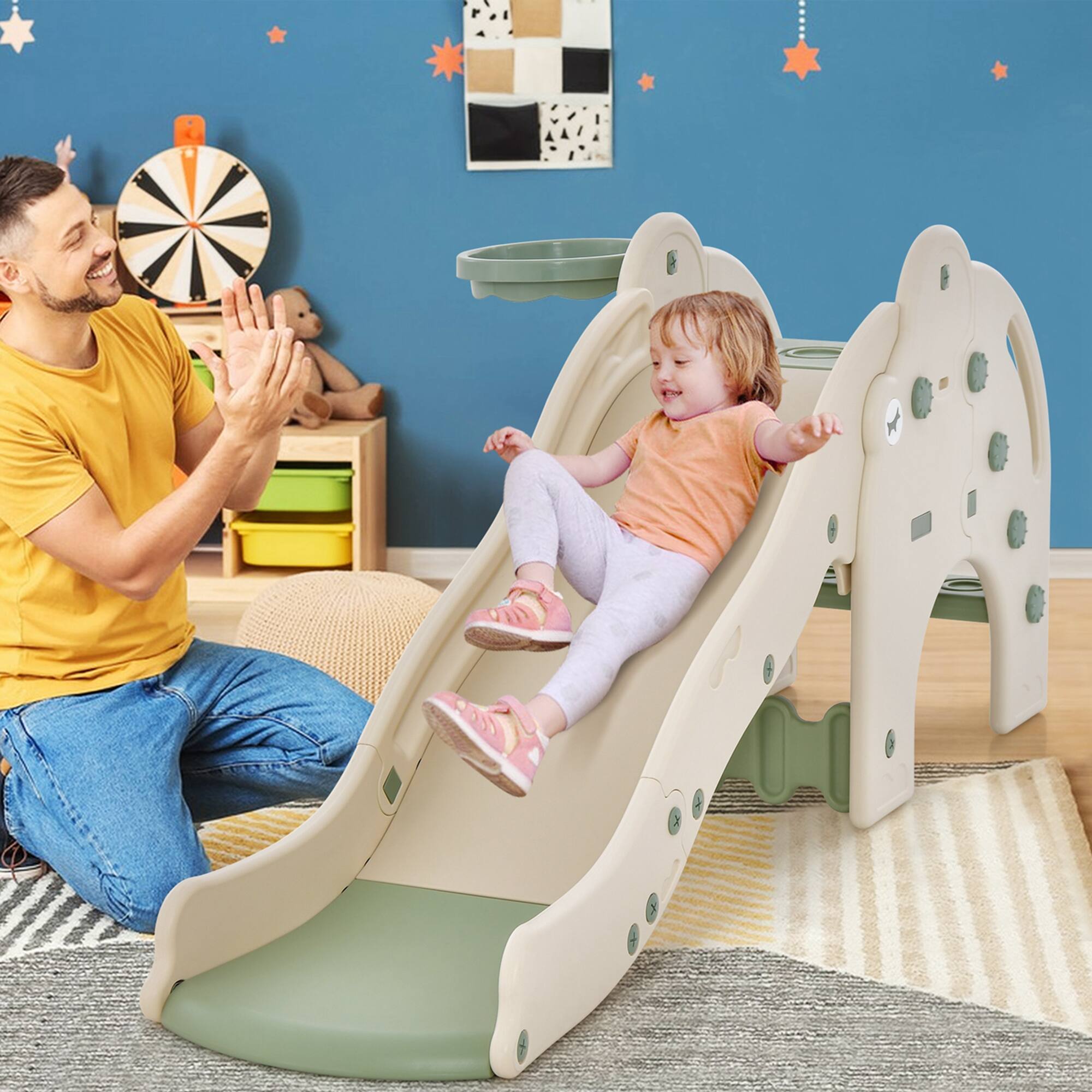 Alt View 1. Costway - Costway 3-in-1 Toddler Slide with Buffer Zone Basketball Hoop & Ball Elephant Design - Green,White.