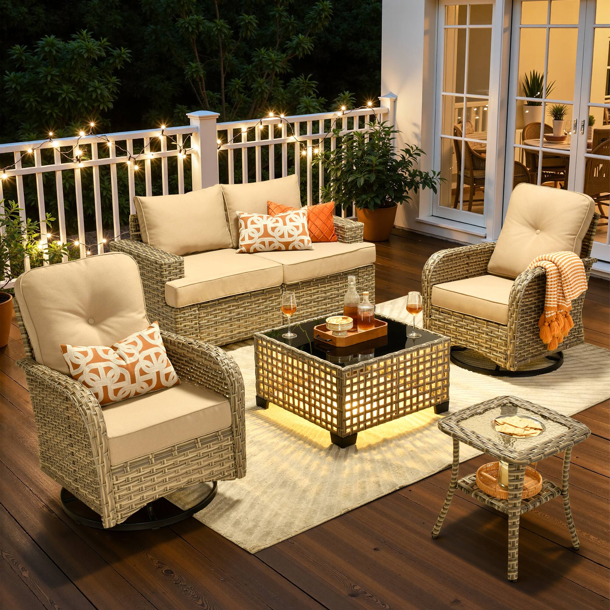 Ovios - 6 PCS Patio Furniture Set, Sectional Loveseat with Swivel Chairs, Coffee Table & Side Table - Beige