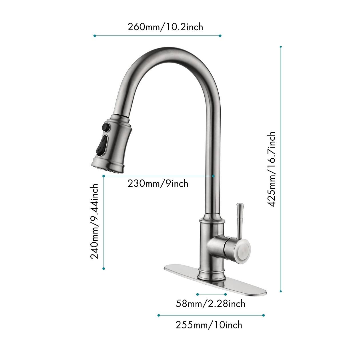 260mm/10.2inch  
.44inch 240mm/9.44  
230mm/9inch 58mm/2.28inch 255mm/10inch  
425mm/16.7inch