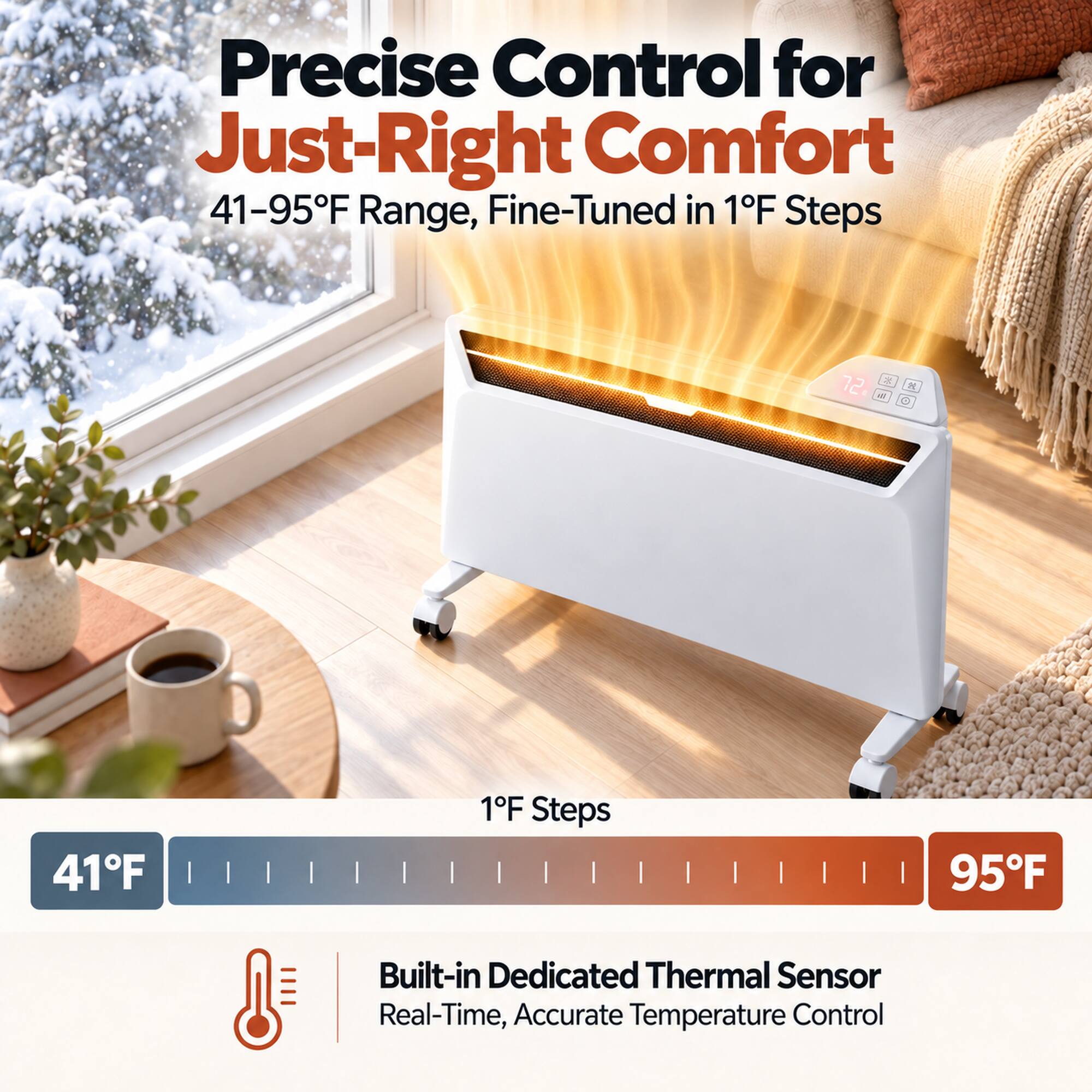 Precise Control for Just-Right Comfort  
41-95°F Range, Fine-Tuned in 1°F Steps  

72 H. 40 C  
41°F  
1°F Steps  
95°F  

Built-in Dedicated Thermal Sensor  
Real-Time, Accurate Temperature Control