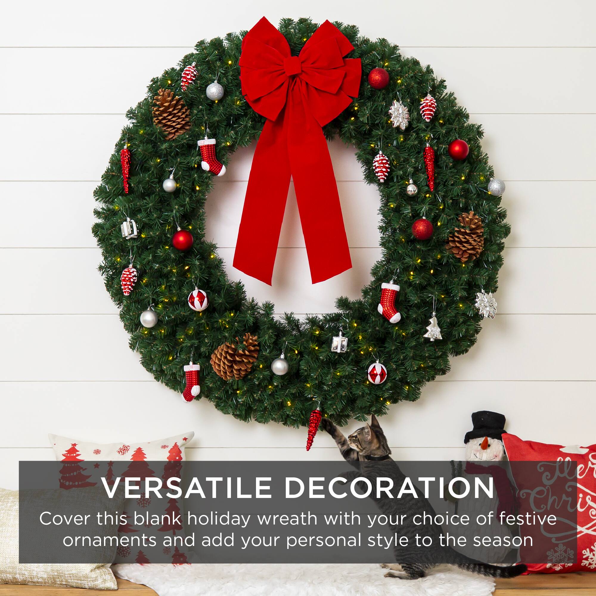 VERSATILE DECORATION

Cover this blank holiday wreath with your choice of festive ornaments and add your personal style to the season