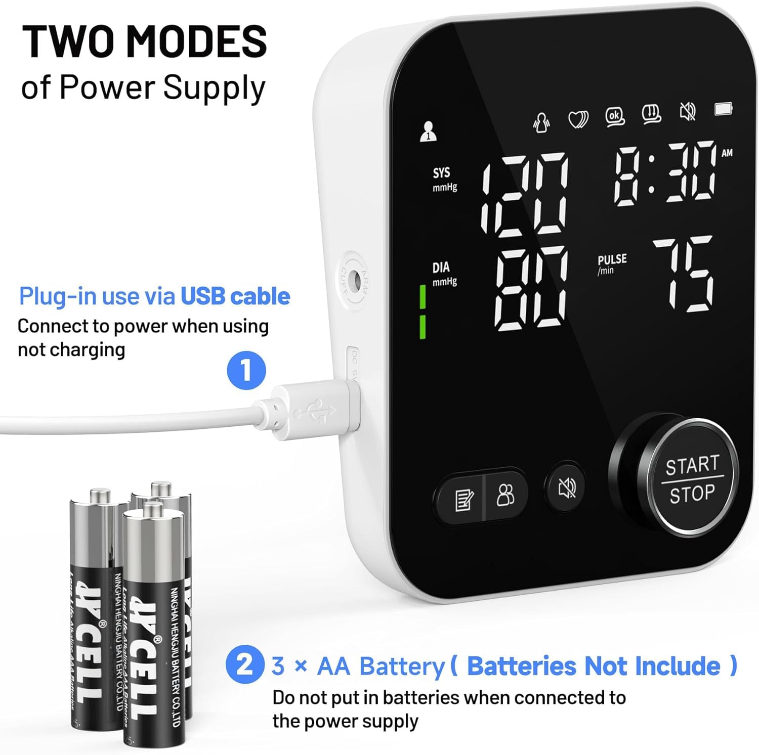 TWO MODES of Power Supply

1. Plug-in use via USB cable
   Connect to power when using not charging

2. 3 x AA Battery (Batteries Not Include)
   Do not put in batteries when connected to the power supply