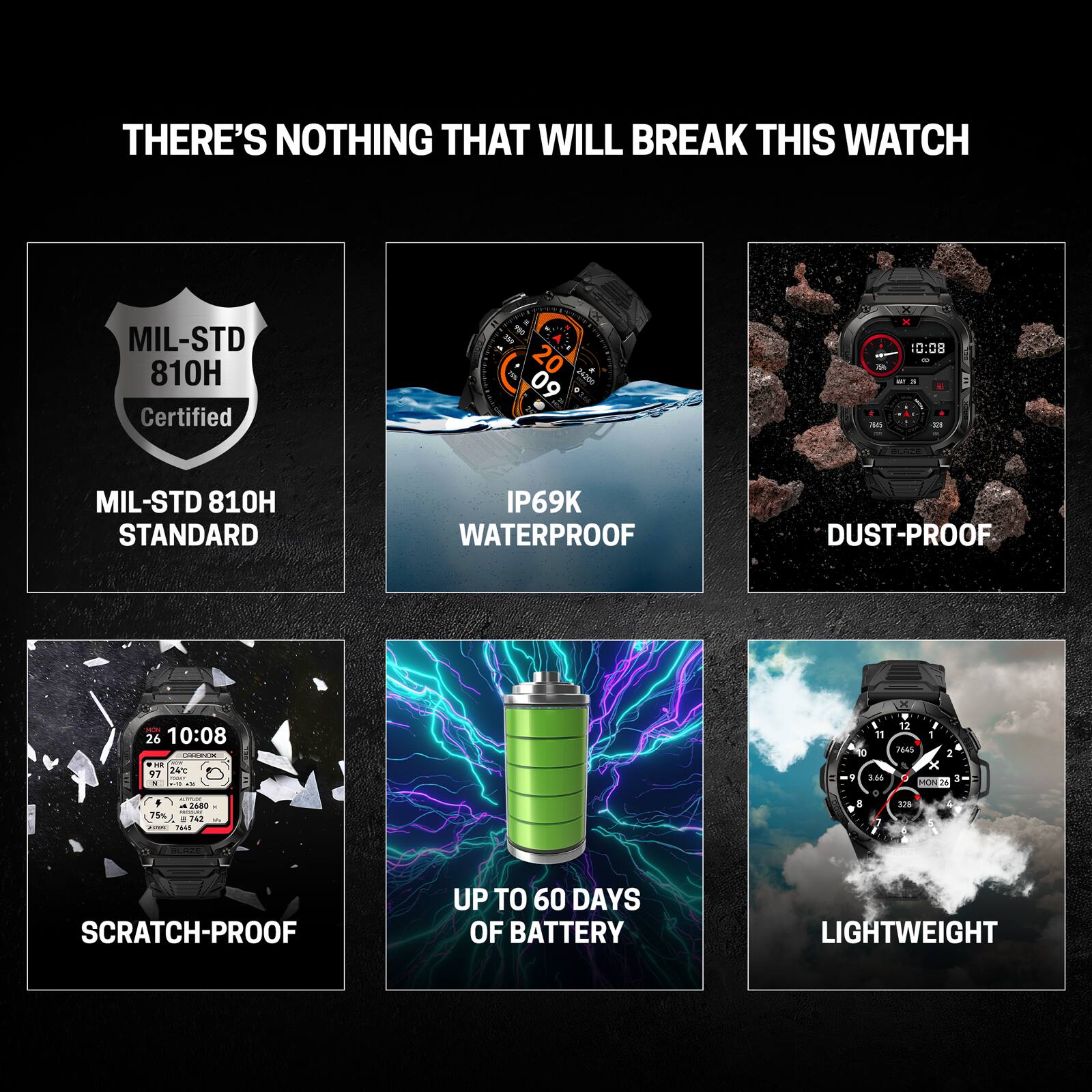 THERE'S NOTHING THAT WILL BREAK THIS WATCH
- MIL-STD 810H Certified
- IP69K WATERPROOF
- DUST-PROOF
- SCRATCH-PROOF
- UP TO 60 DAYS OF BATTERY
- LIGHTWEIGHT