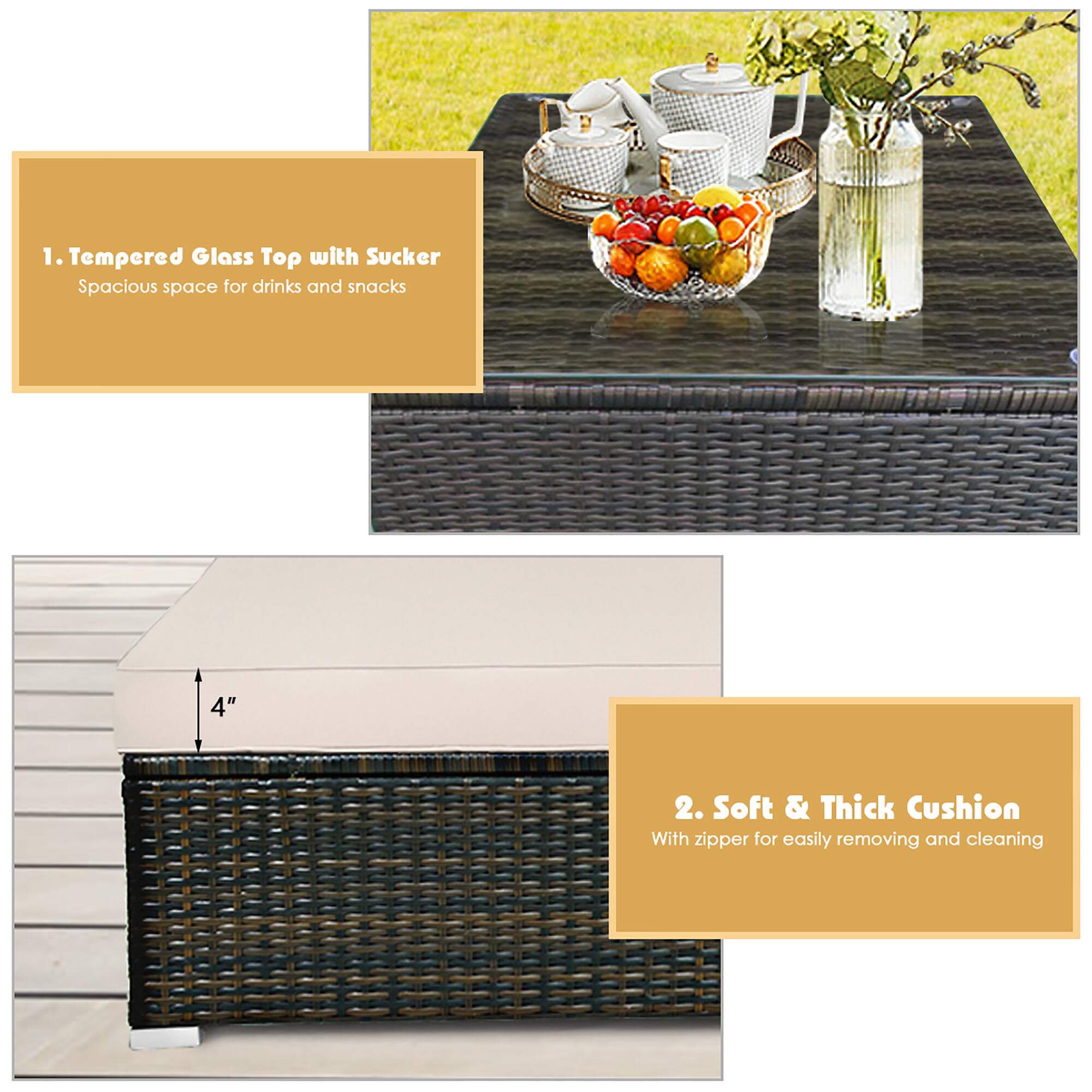 1. Tempered Glass Top with Sucker Spacious space for drinks and snacks
2. Soft & Thick Cushion With zipper for easily removing and cleaning