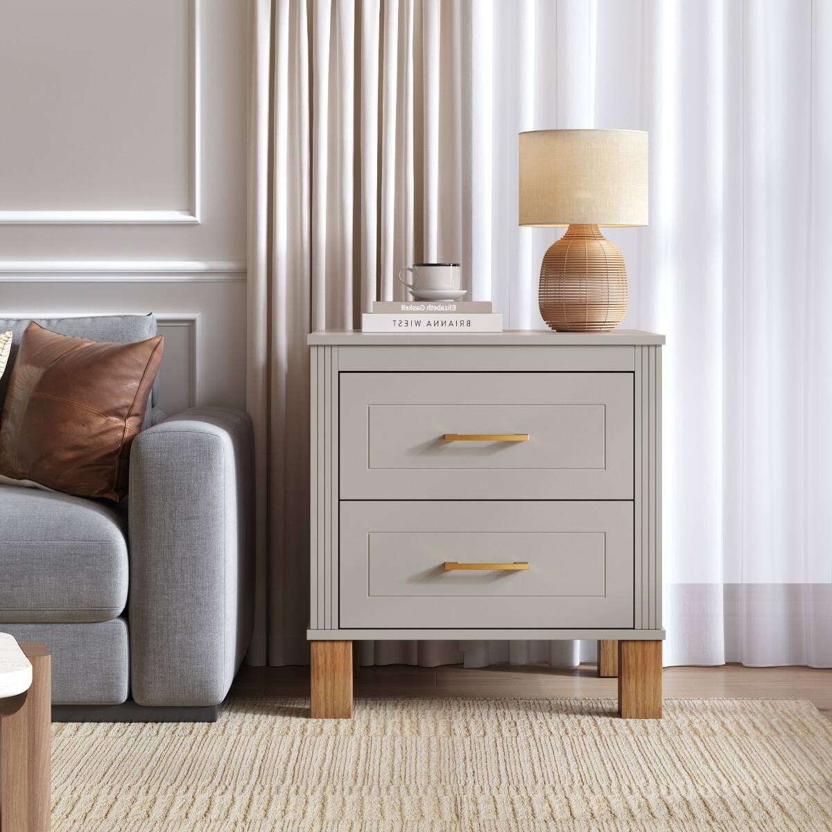 Loheer - 2 Drawer Nightstand, Fluted Bedside Table with Solid Wood Legs - Gray