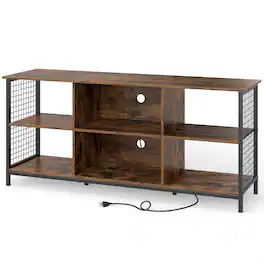 Pefilos - 65" TV Stand with Integrated Charging Station, 6-Cube Storage Design, Rustic Black TV Cabinet - Brown