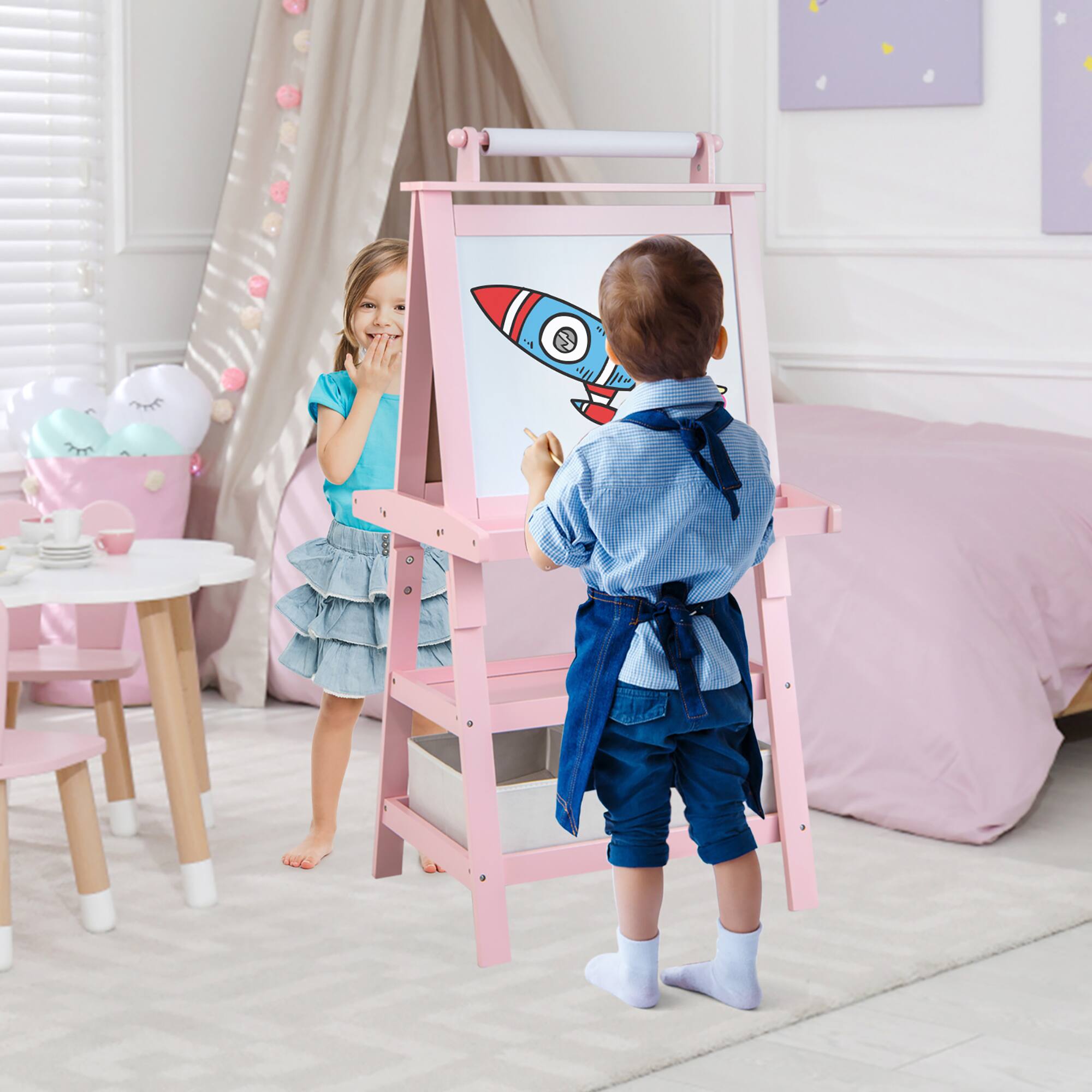 Alt View 1. Gymax - Gymax 3 in 1 Double-Sided Storage Art Easel w/Paint Cups for Kid Writing Teal Frosting Pink - Pink.