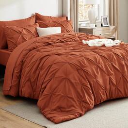 FINEAK - Modern Queen Pinch Pleat Comforter Set with Sheets-7-Piece All-Season Bed in a Bag - Burnt Orange