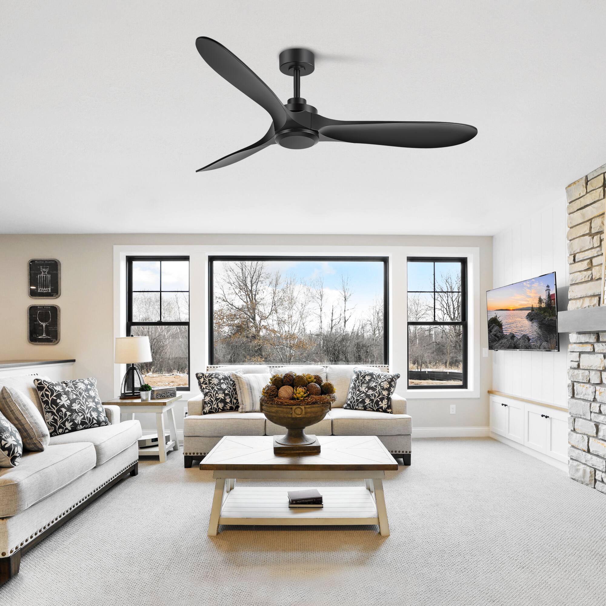 Alt View 1. Breezary - 60-Inch Indoor Ceiling Fan with 3 ABS Blades, DC Motor, 6-Speed Remote Control with Timer, 6"&12" Downrods, Led/No Light - Matte Black (Without Light).