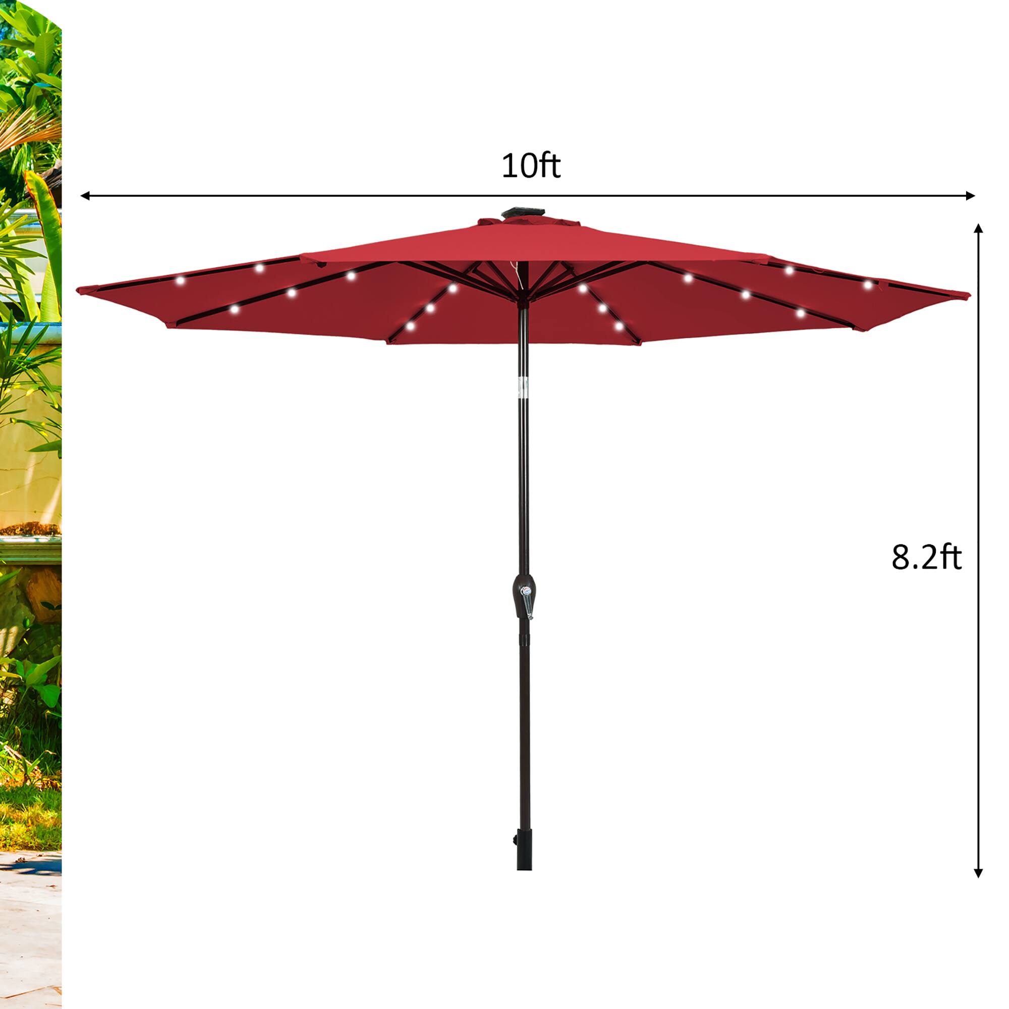 The text on the image indicates that the umbrella is 10 feet tall and 8.2 feet wide.