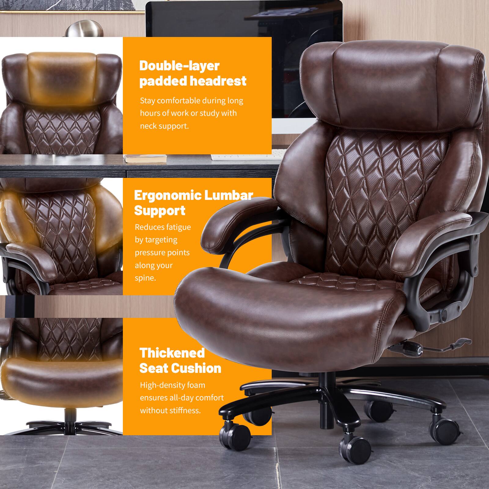 Double-layer padded headrest  
Stay comfortable during long hours of work or study with neck support.

Ergonomic Lumbar Support  
Reduces fatigue by targeting pressure points along your spine.

Thickened Seat Cushion  
High-density foam ensures all-day comfort without stiffness.
