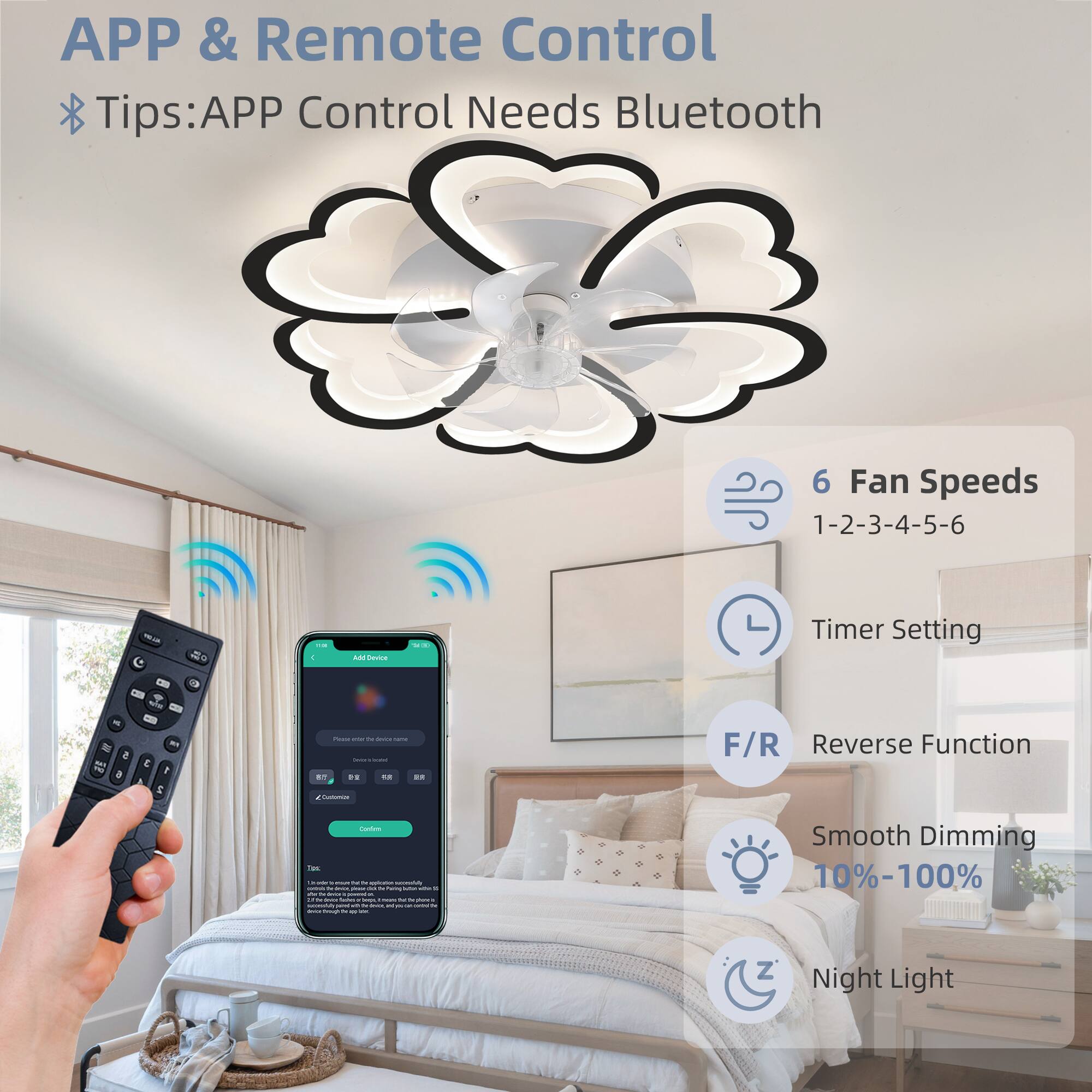 APP & Remote Control

Tips: APP Control Needs Bluetooth

- 6 Fan Speeds: 1-2-3-4-5-6
- Timer Setting
- F/R Reverse Function
- Smooth Dimming: 10%-100%
- Night Light
