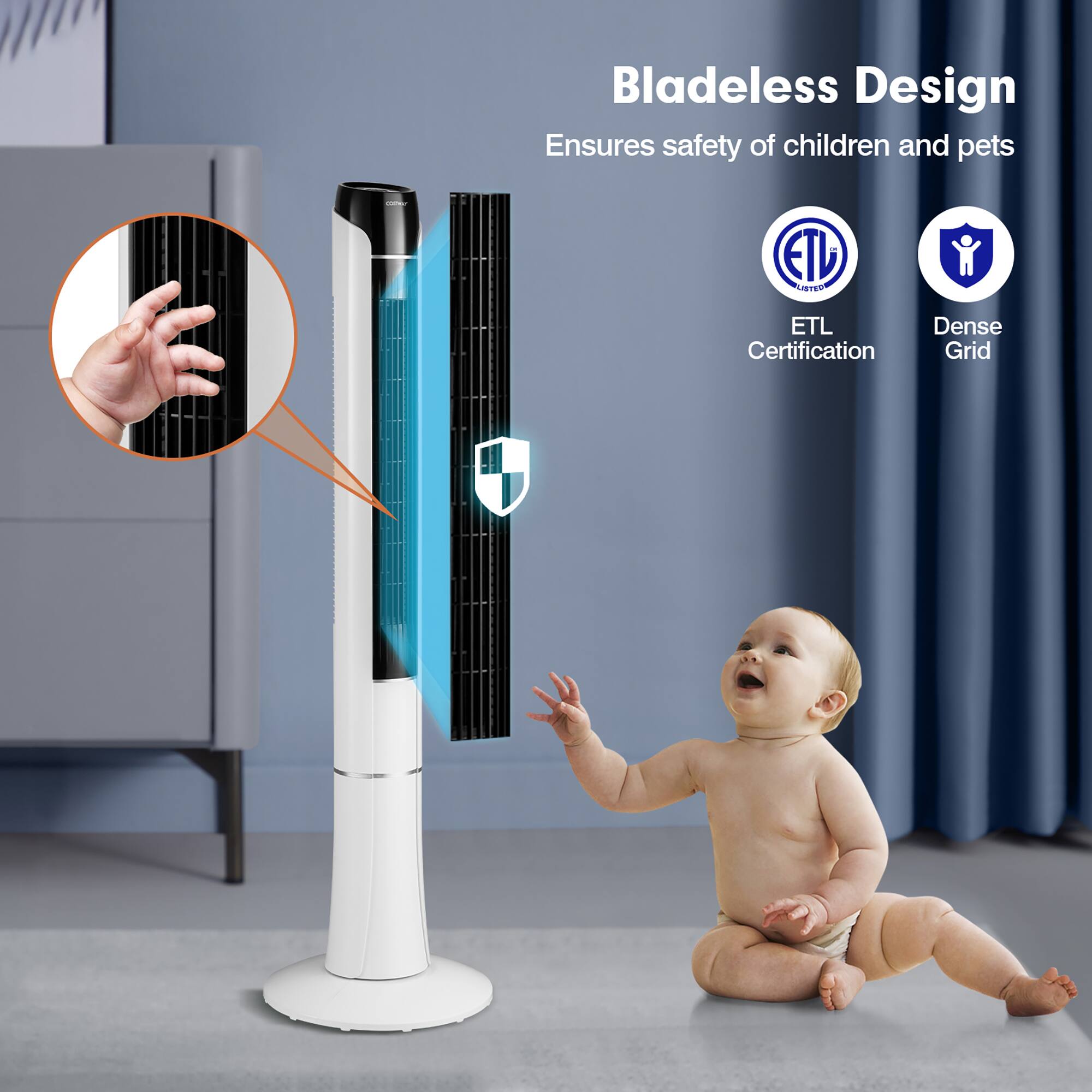 Bladeless Design Ensures safety of children and pets - ETL LISTED ETL Certification Dense Grid