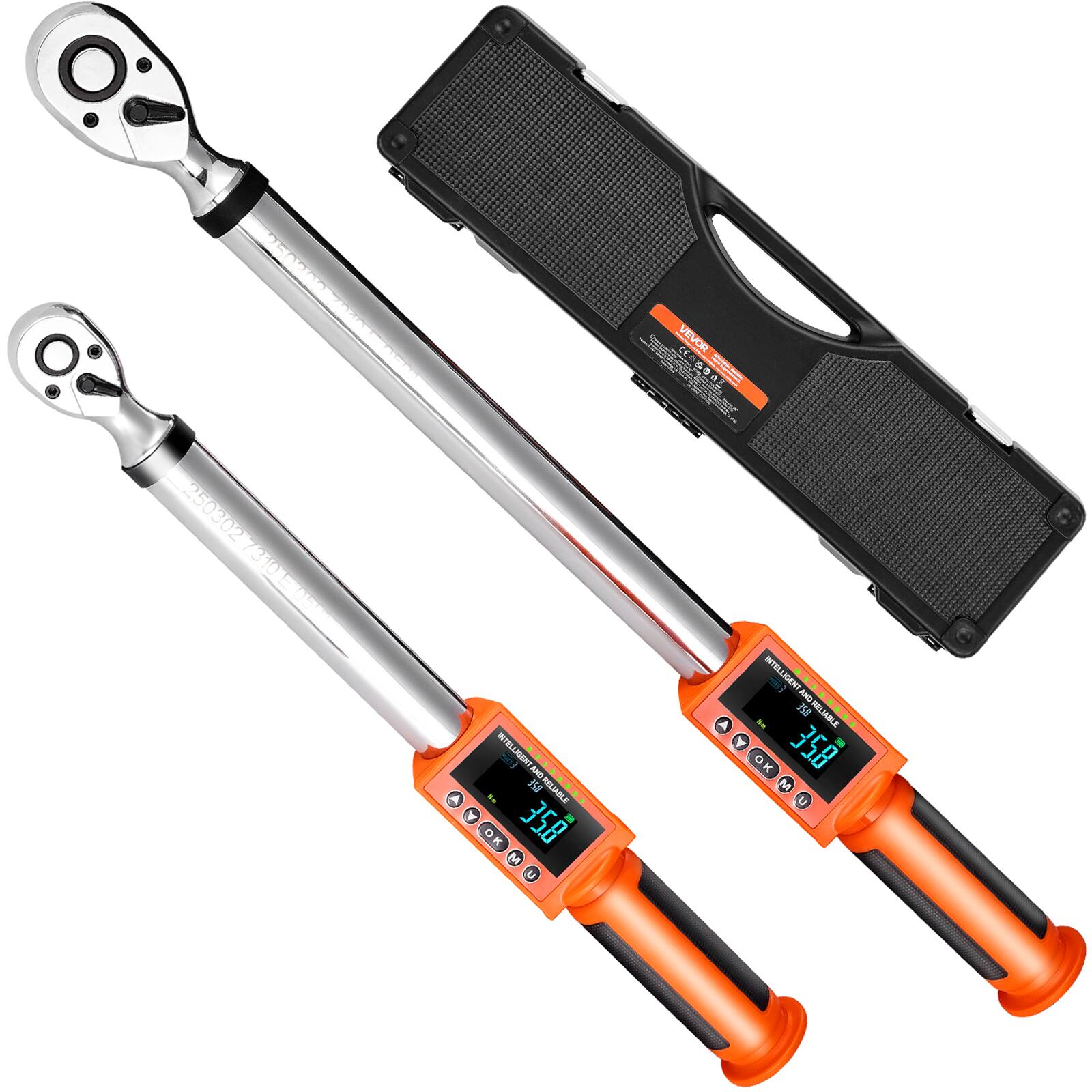 VEVOR - Digital Torque Wrench Set, 2 Pieces, 1/2, 3/8 Inch Drive, 72-Tooth, ±2% High Accuracy Electronic Torque Wrench - Orange