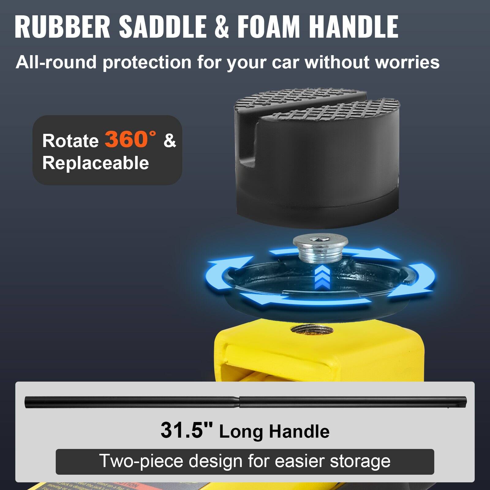 RUBBER SADDLE & FOAM HANDLE  
All-round protection for your car without worries  

Rotate 360° & Replaceable  

31.5" Long Handle  
Two-piece design for easier storage
