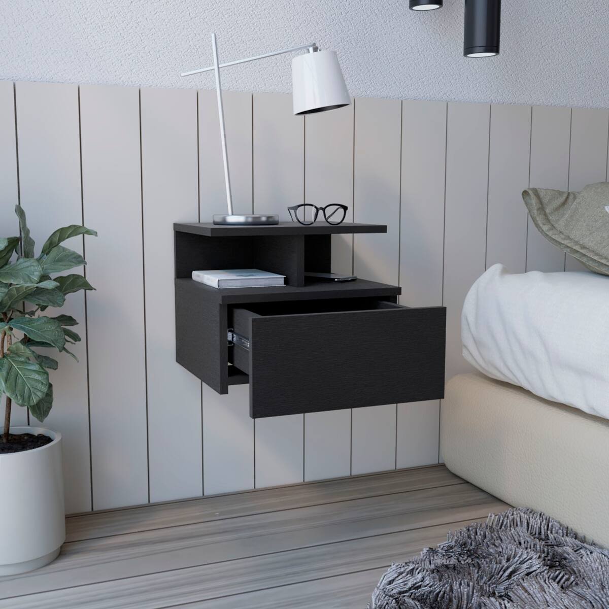 Back. Loheer - Loheer Black Floating Nightstand with Drawer and Divided Shelf, 14-Inch Wall-Mounted Bedside Table - Black.