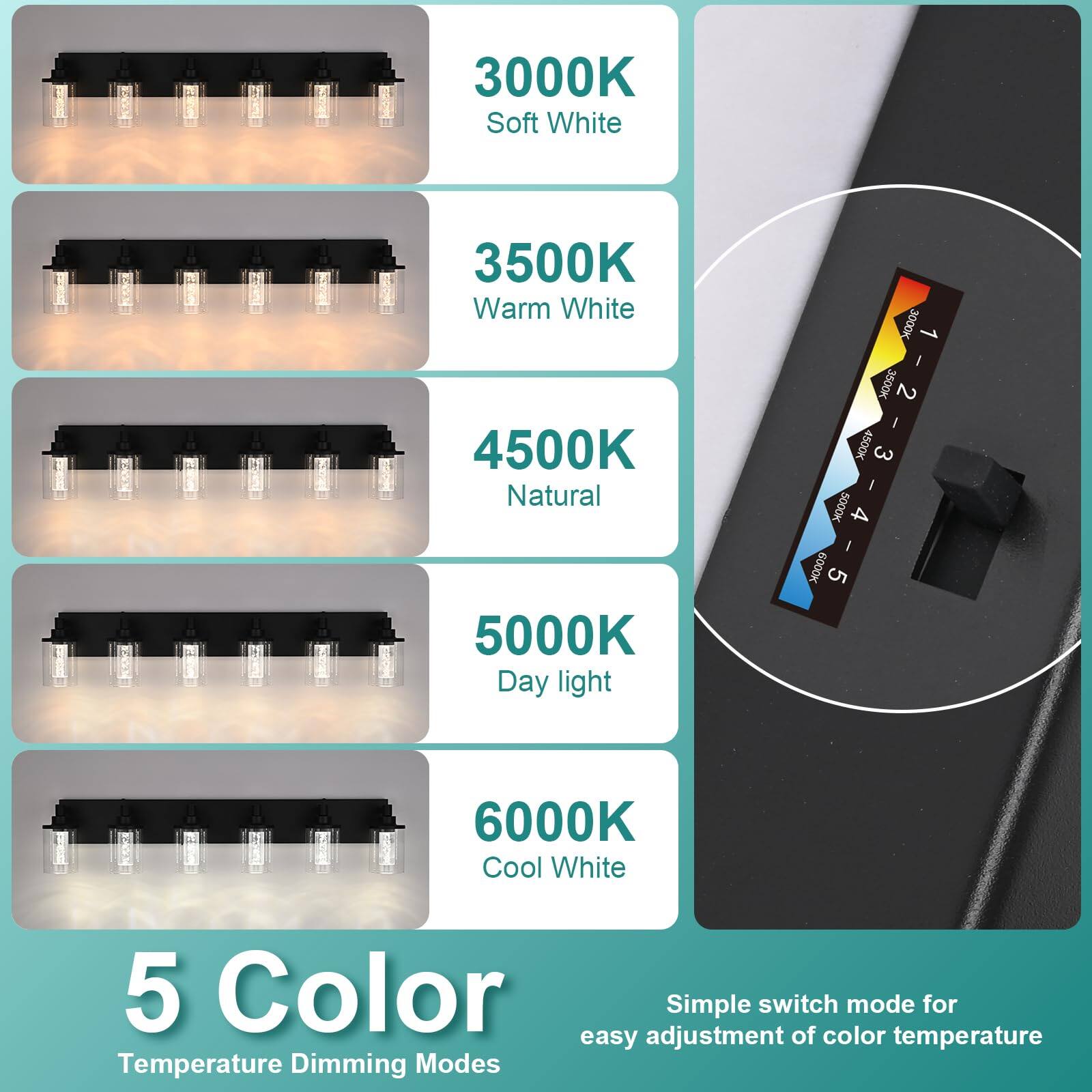 3000K Soft White  
3500K Warm White  
4500K Natural  
5000K Day light  
6000K Cool White  

5 Color  
Temperature Dimming Modes  

Simple switch mode for easy adjustment of color temperature