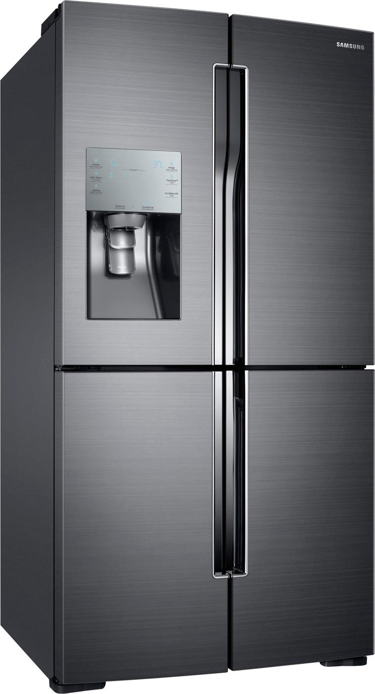 Angle View: Samsung - 28.1 Cu. Ft. 4-Door Flex French Door Fingerprint Resistant Refrigerator - Black Stainless Steel