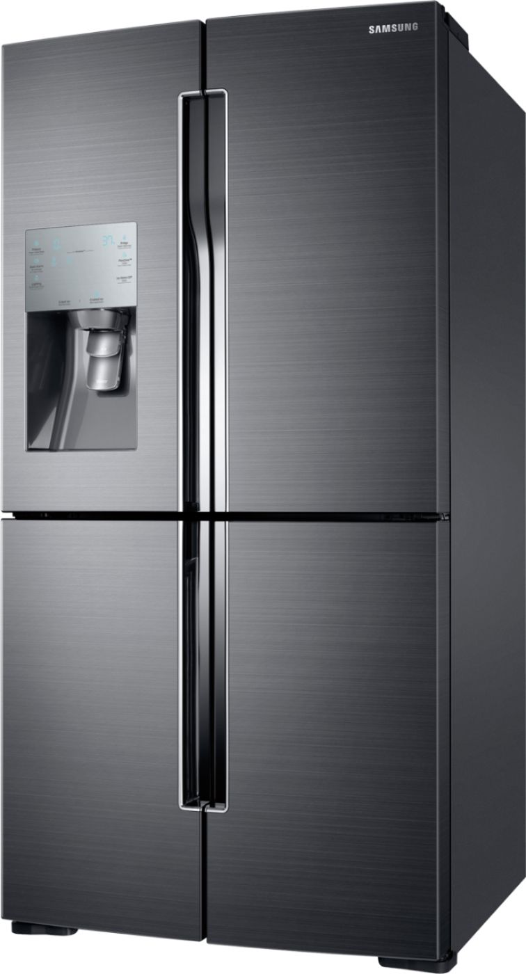Left View: Samsung - 28.1 Cu. Ft. 4-Door Flex French Door Fingerprint Resistant Refrigerator - Black Stainless Steel