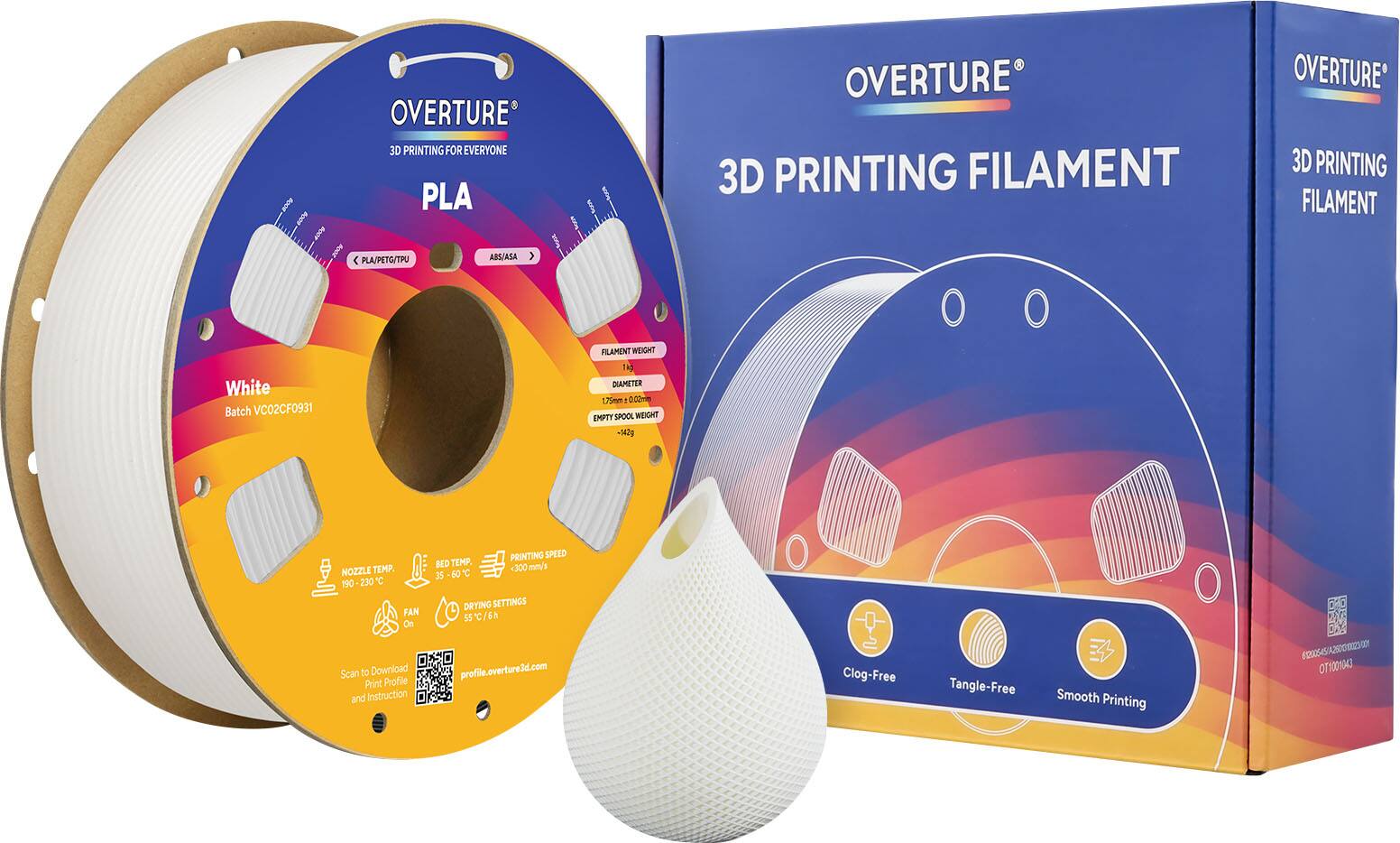 OVERTURE 3D PRINTING FOR EVERYONE PLA OVERTURE 3D PRINTING FILAMENT OVERTURE 3D PRINTING FILAMENT C PLA/PETG/TPU ABS/ASA > White Batch VC02CF0931 FILAMENT WEIGHT 1kg DIAMETER 1.75mm EMPTY SPOOL WEIGHT 142g NOZZLE TEMP, 190-230°C FAN On BED TEMP, 35-60°C PRINTING SPEED 300 mm/s DRYING SETTINGS 55°C/6h profile.overture3d.com Clog-Free Tangle-Free Smooth Printing 5005-45/A2500325/0 OT1001043