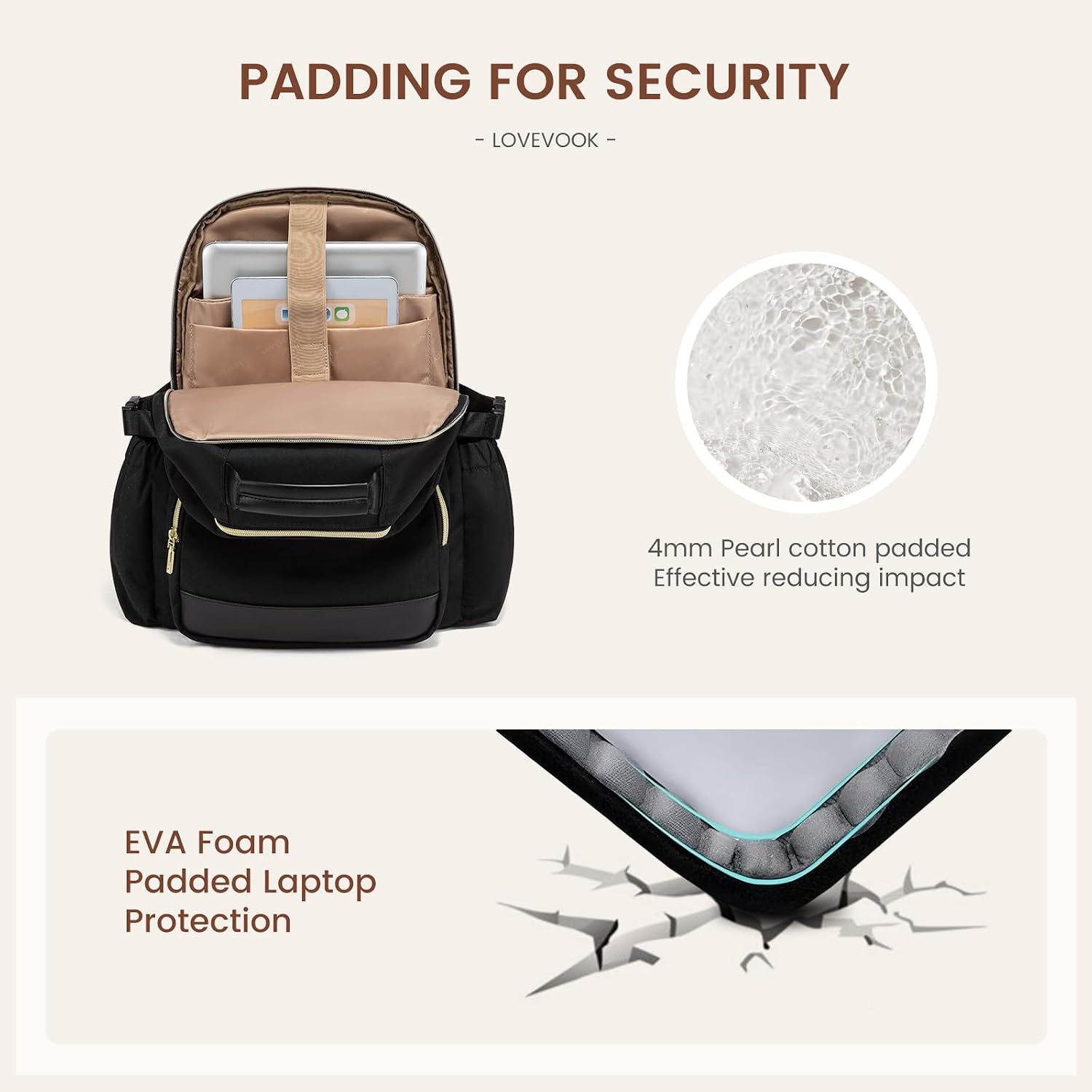 PADDING FOR SECURITY  
- LOVEVOOK -  
4mm Pearl cotton padded  
Effective reducing impact  
EVA Foam Padded Laptop Protection