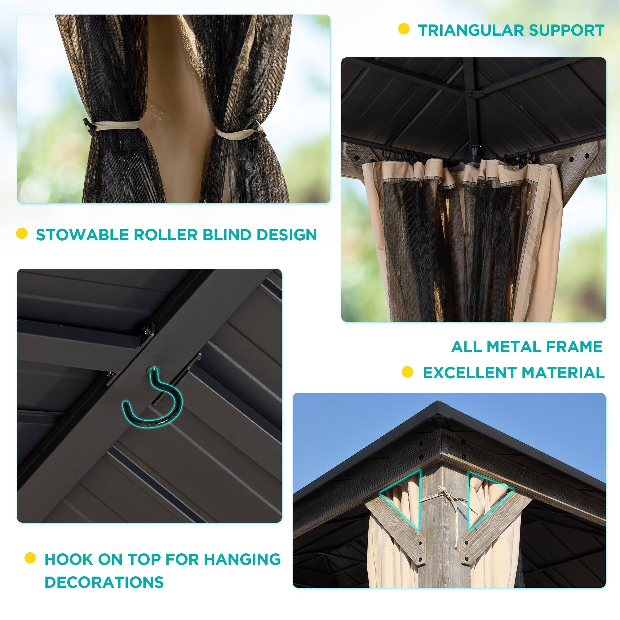 - Triangular Support
- Stowable Roller Blind Design
- All Metal Frame
- Excellent Material
- Hook on Top for Hanging Decorations