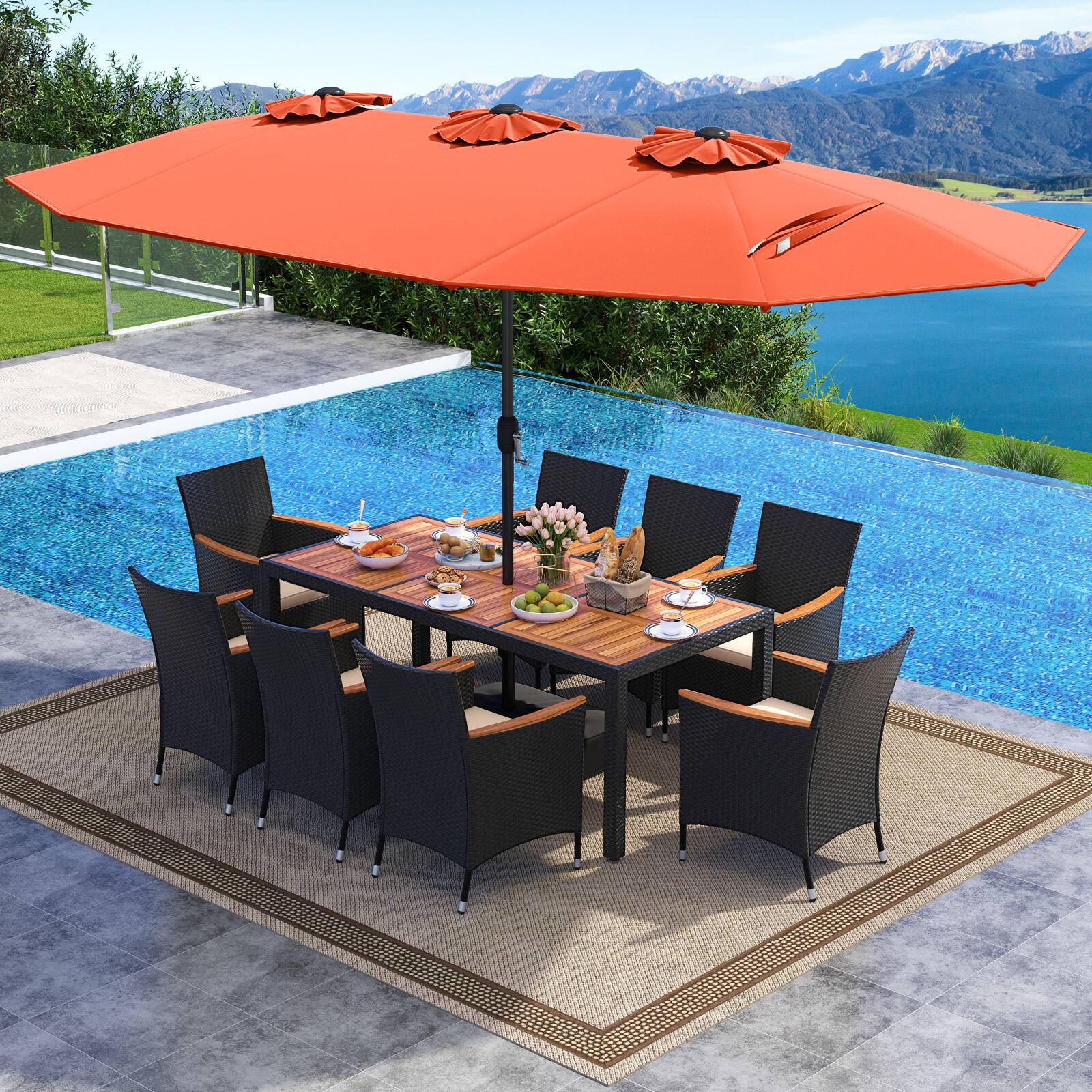 Alt View 3. Costway - Costway 11 PCS Patio Wicker Dining Set with Double-Sided Outdoor Umbrella 8 Stackable Chairs - Orange,White.