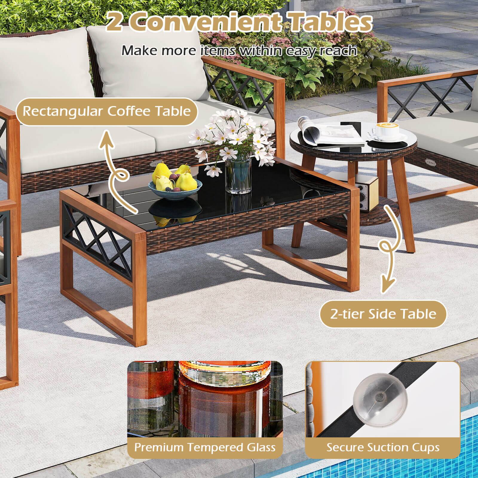 2 Convenient Tables  
Make more items within easy reach  

- Rectangular Coffee Table  
- 2-tier Side Table  

Premium Tempered Glass  
Secure Suction Cups