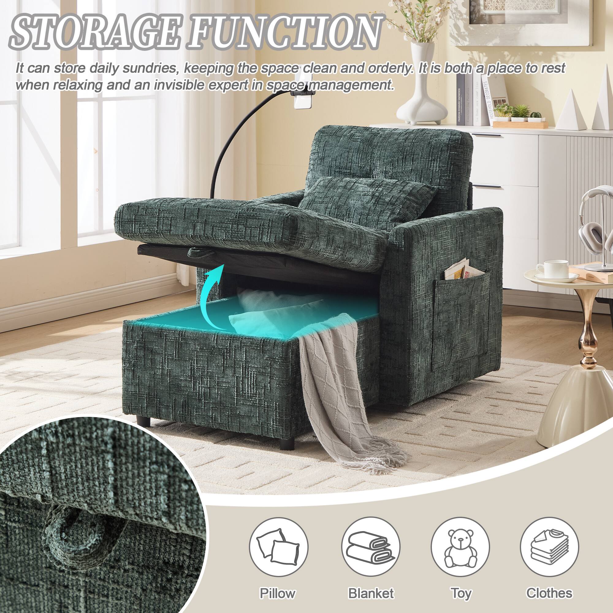 **STORAGE FUNCTION**

It can store daily sundries, keeping the space clean and orderly. It is both a place to rest when relaxing and an invisible expert in space management.

- Pillow
- Blanket
- Toy
- Clothes
