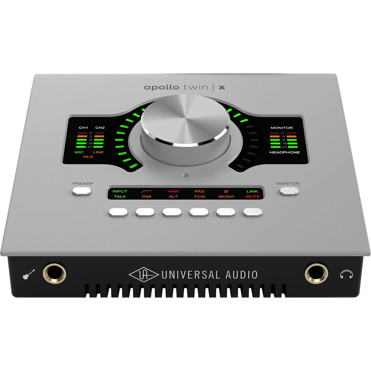 apollo twin I x  
CH1 CH2 MONITOR  
- 19 d -3 - 1 2  
MIC LINE  
HE-2 HEADPHONE  
PREAMP  
MONITOR INPUT  
TALK DIM  
VaA+  
ALT PAD  
FCN  
MONO LINK  
MUTE  
UNIVERSAL AUDIO