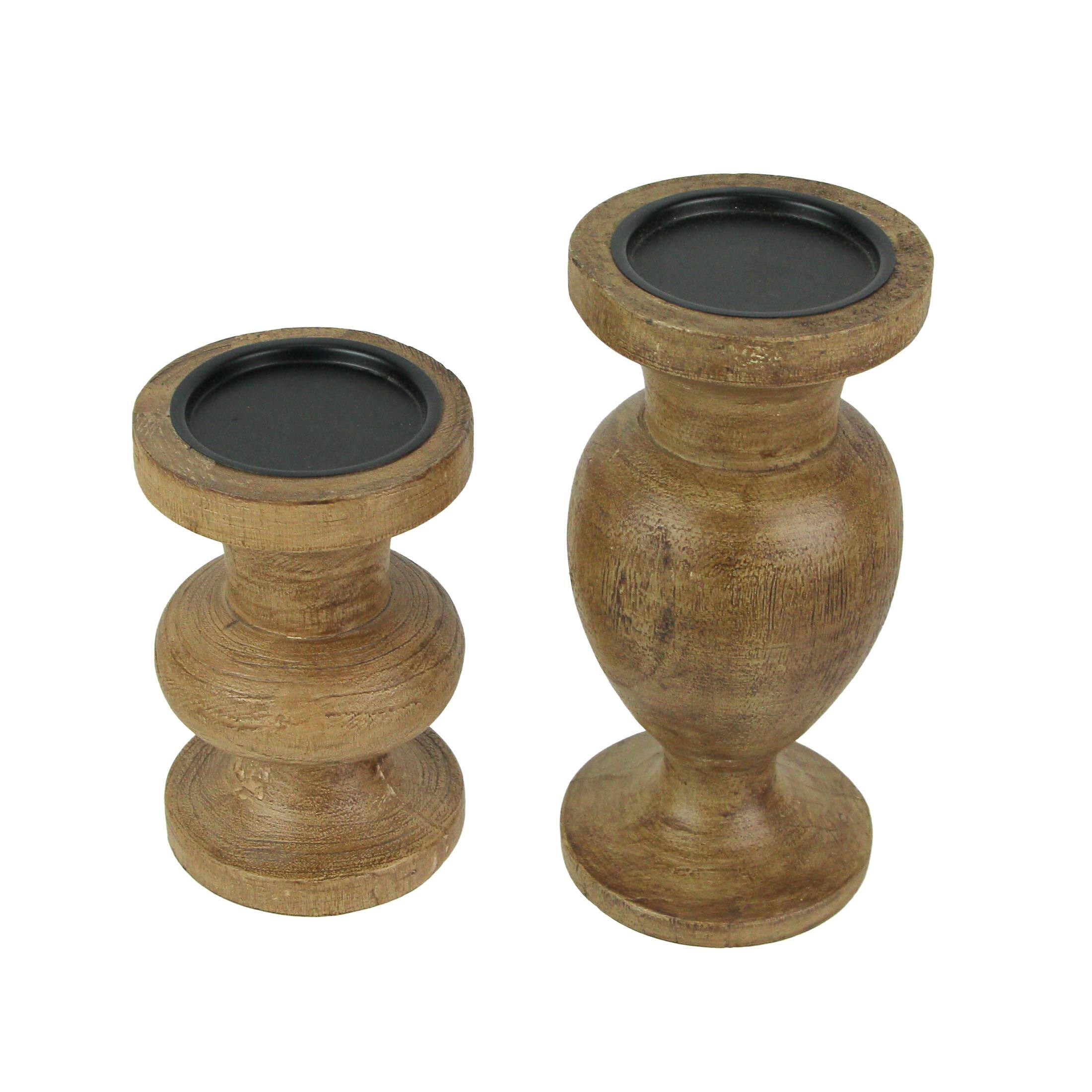 Front. Things2Die4 - Set of 2 Turned Wood and Metal Pedestal Pillar or Votive Candle Holders - Brown.