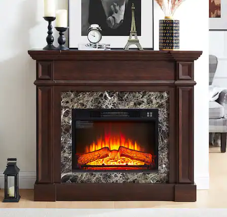 Front. Tiramisubest - Freestanding Electric Fireplace Heater with Mantel,Realistic Stacked Stone in Cherry,Remote Control,Timer & LED Flame - Cherry.