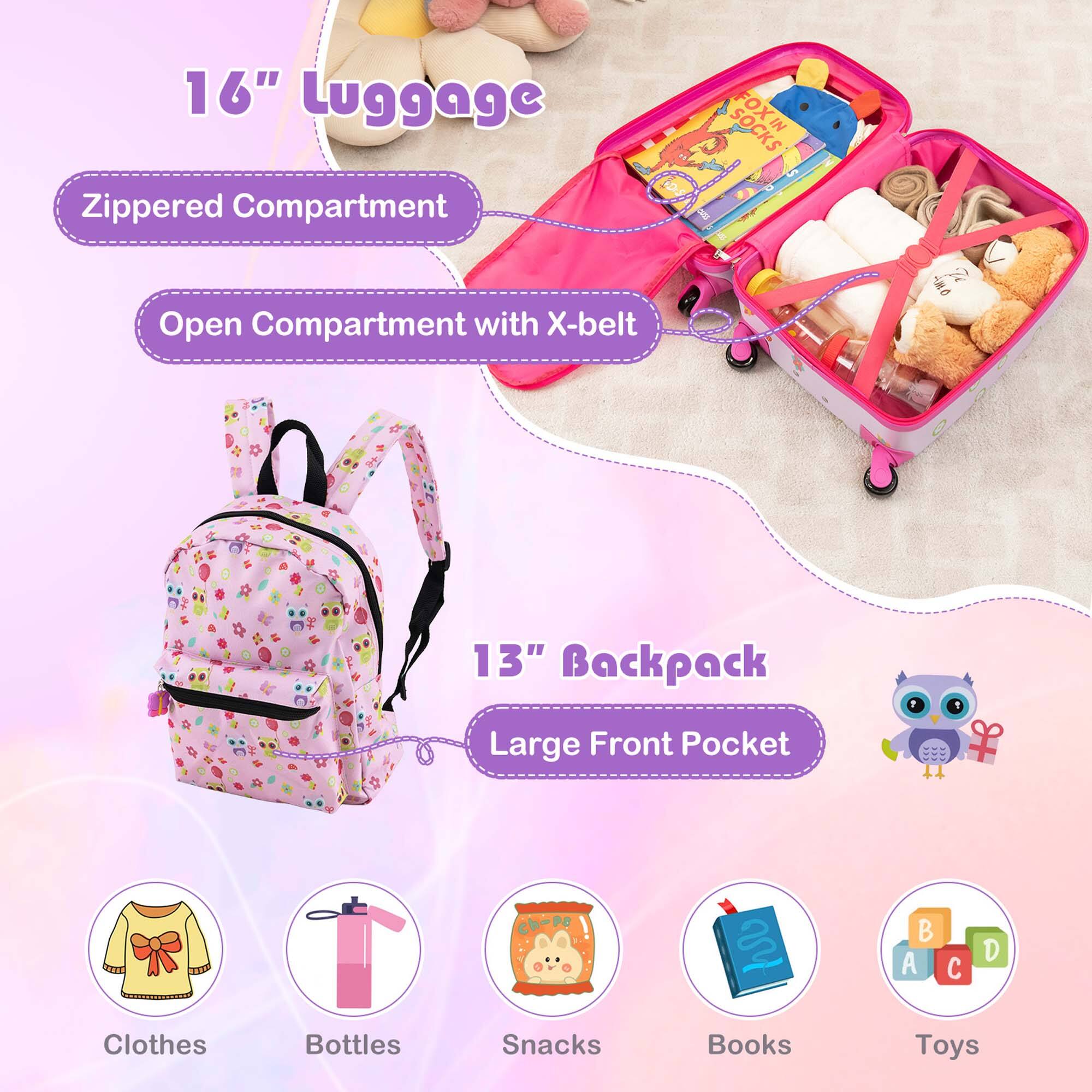 16" Luggage Zippered Compartment SOCKS FOXI IN Open Compartment with X-belt H- N 13" Backpack Large Front Pocket B A C D Clothes Bottles Snacks Books Toys
