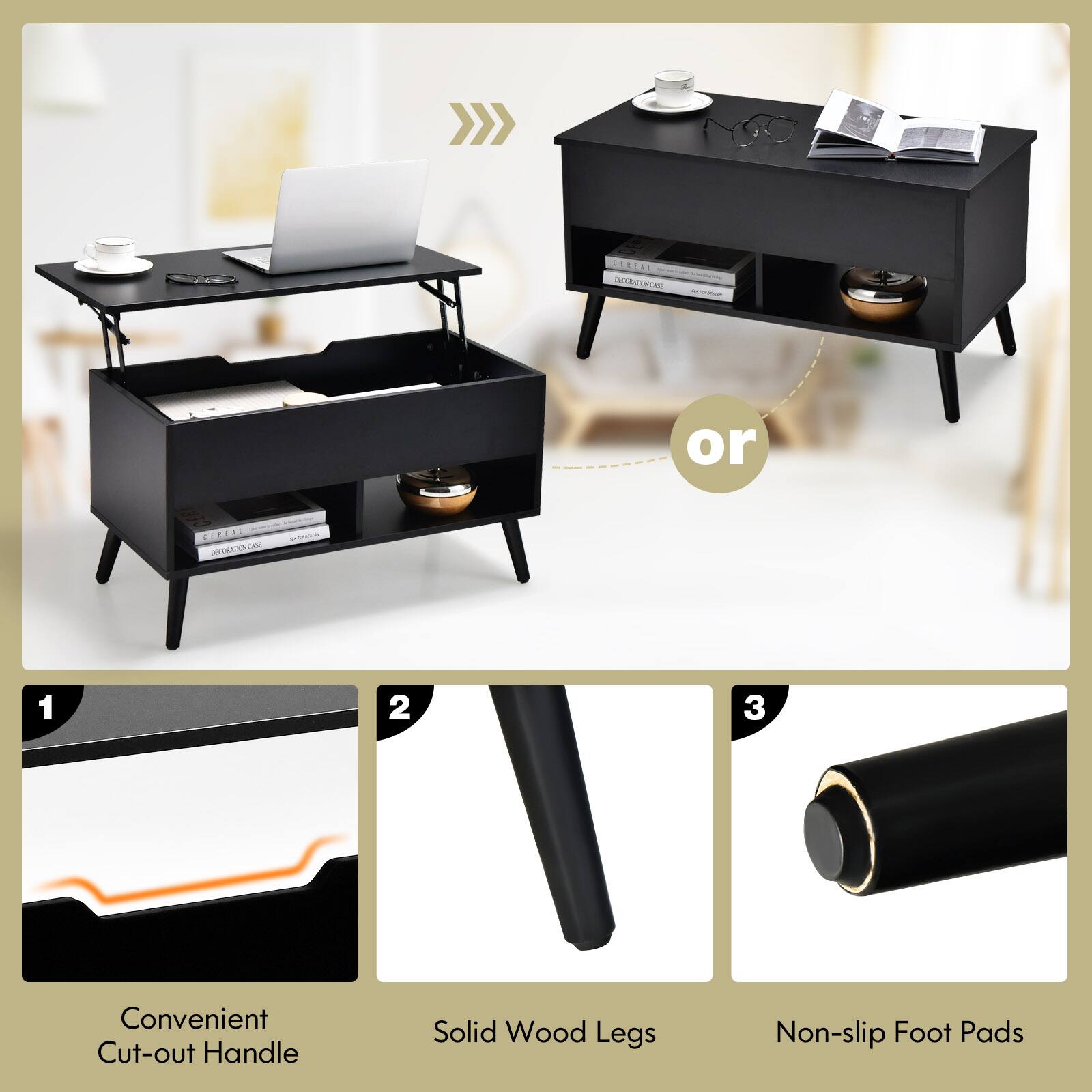 1. Convenient Cut-out Handle
2. Solid Wood Legs
3. Non-slip Foot Pads