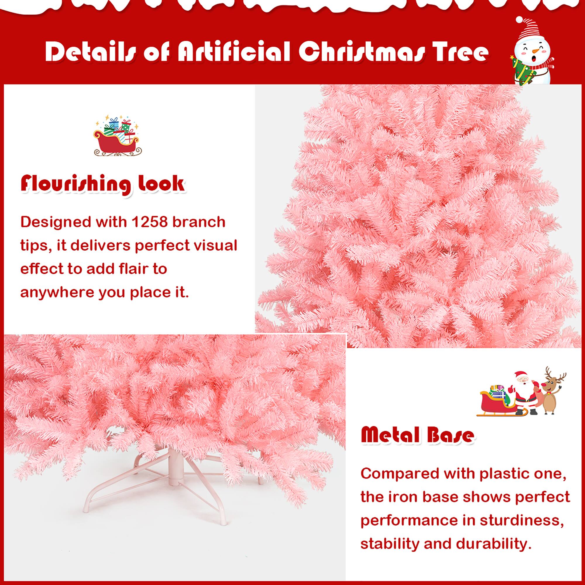 Details of Artificial Christmas Tree:
- Flourishing look: Designed with 1258 branch tips, it delivers perfect visual effect to add flair to anywhere you place it.
- Metal Base: Compared with plastic one, the iron base shows perfect performance in sturdiness, stability and durability.
