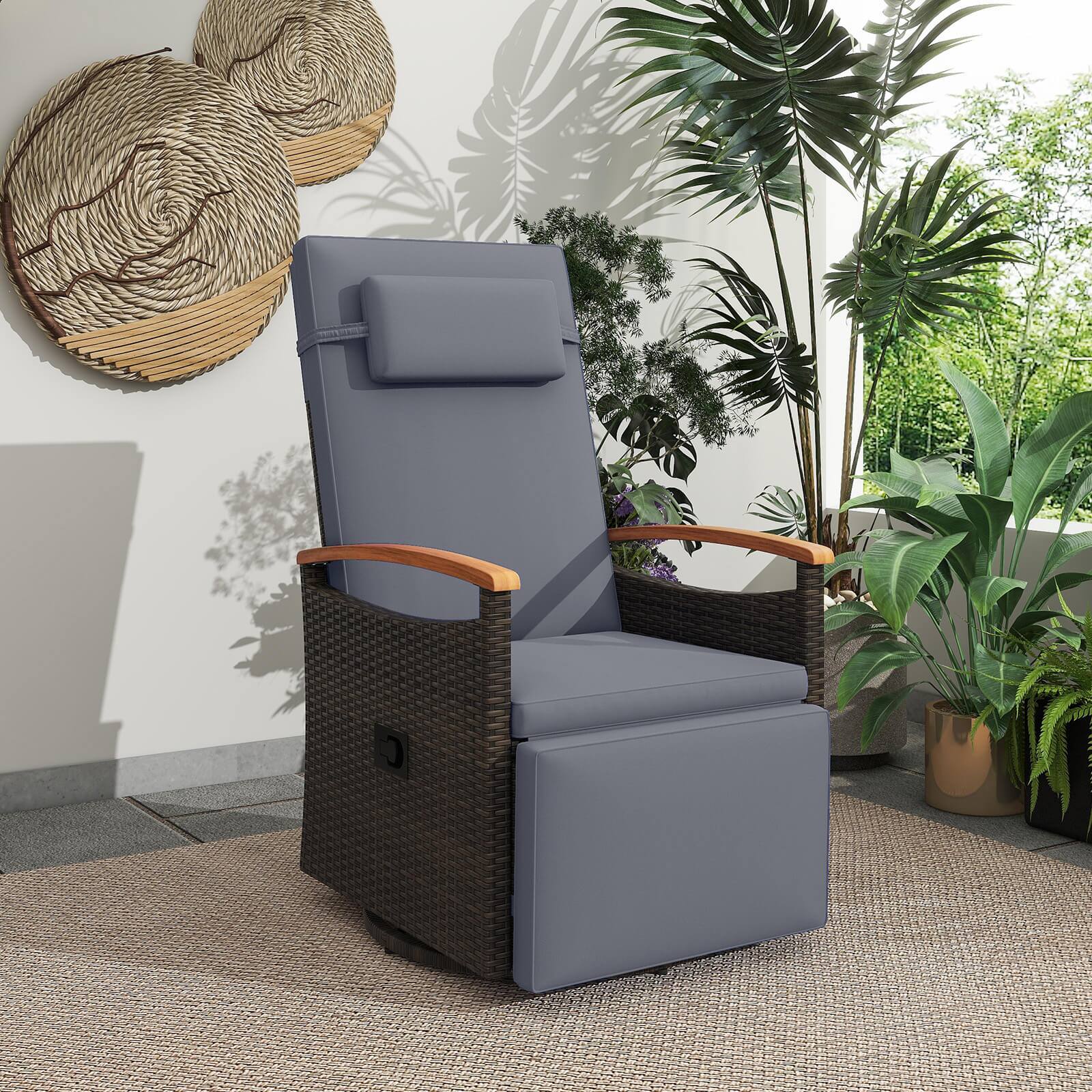Alt View 3. Costway - Costway Outdoor 360° Swivel Rattan Recliner Chair Patio Wicker Chaise Lounge Chair - Gray.
