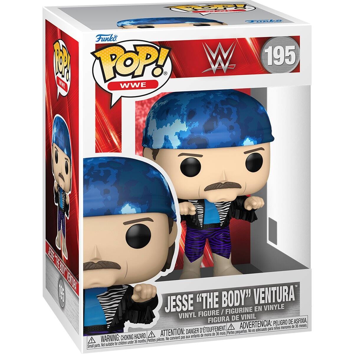 Funko POP! WWE  
195  
Jesse "The Body" Ventura  
Vinyl Figure / Figurine en Vinyle / Figura de Vinilo  
Warning: Choking Hazard. Not suitable for children under 36 months.  
Attention: Danger d'étouffement. Ne convient pas aux enfants de moins de 36 mois.  
Advertencia: Peligro de asfixia. No adecuado para menores de 36 meses.
