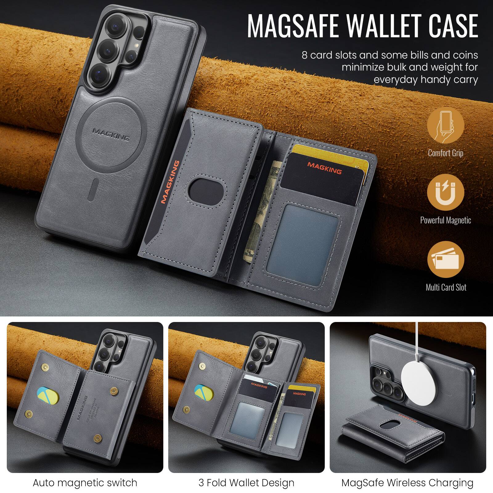 MAGSAFE WALLET CASE  
8 card slots and some bills and coins minimize bulk and weight for everyday handy carry

- Comfort Grip
- Powerful Magnetic
- Multi Card Slot
- Auto magnetic switch
- 3 Fold Wallet Design
- MagSafe Wireless Charging
