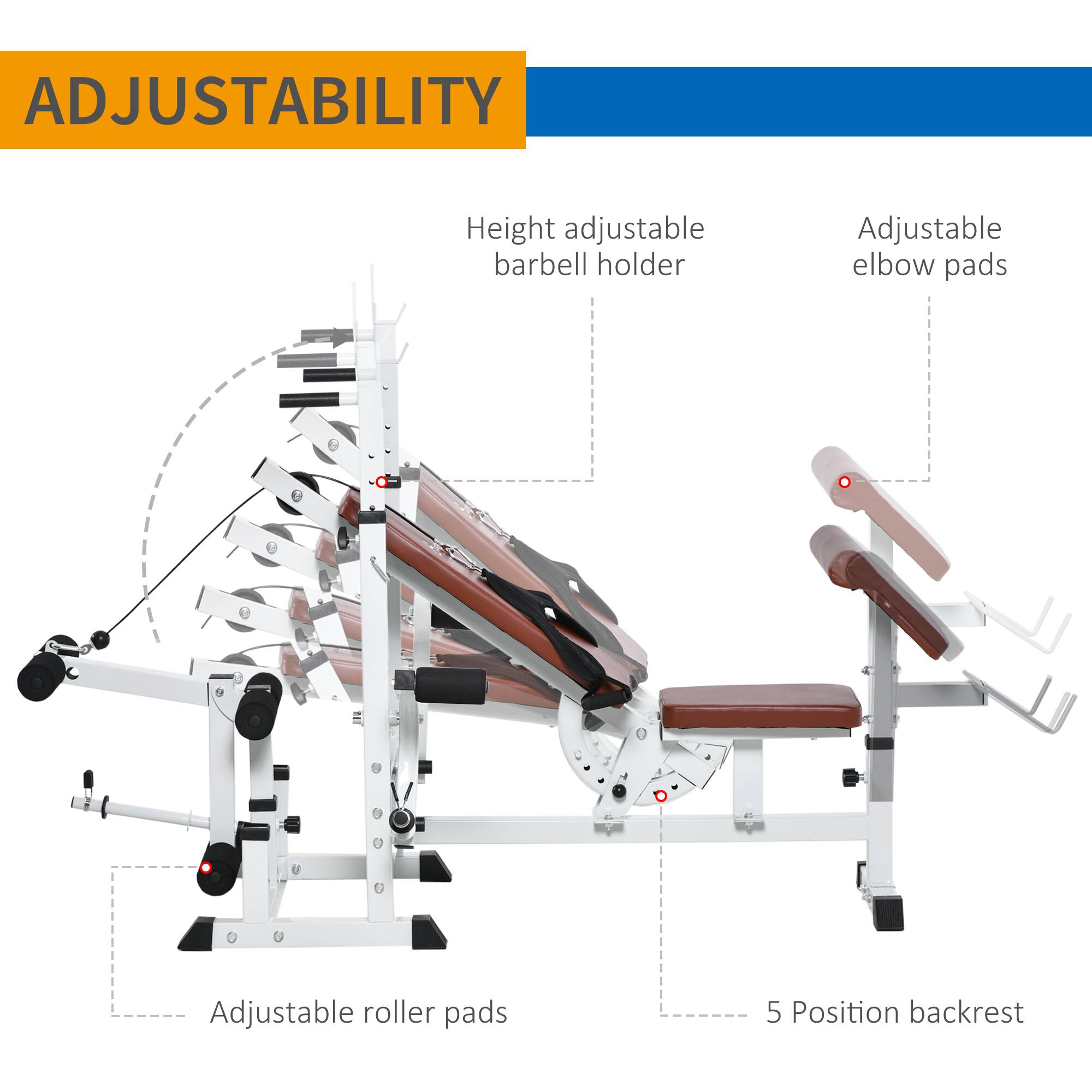 ADJUSTABILITY

- Height adjustable barbell holder
- Adjustable elbow pads
- Adjustable roller pads
- 5 Position backrest
