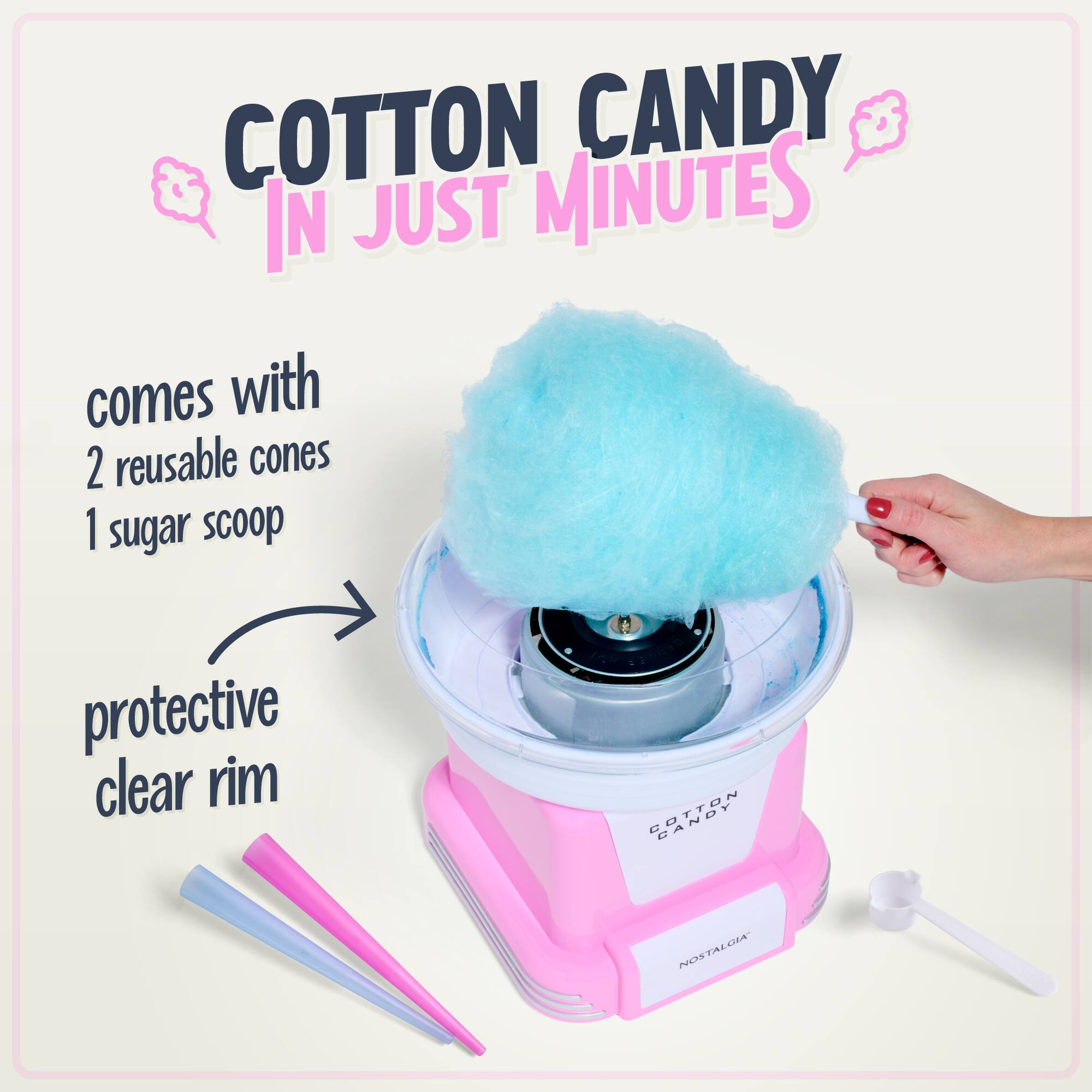 COTTON CANDY IN JUST MINUTES comes with 2 reusable cones, 1 sugar scoop, protective clear rim. ATTON NOSTALGIA