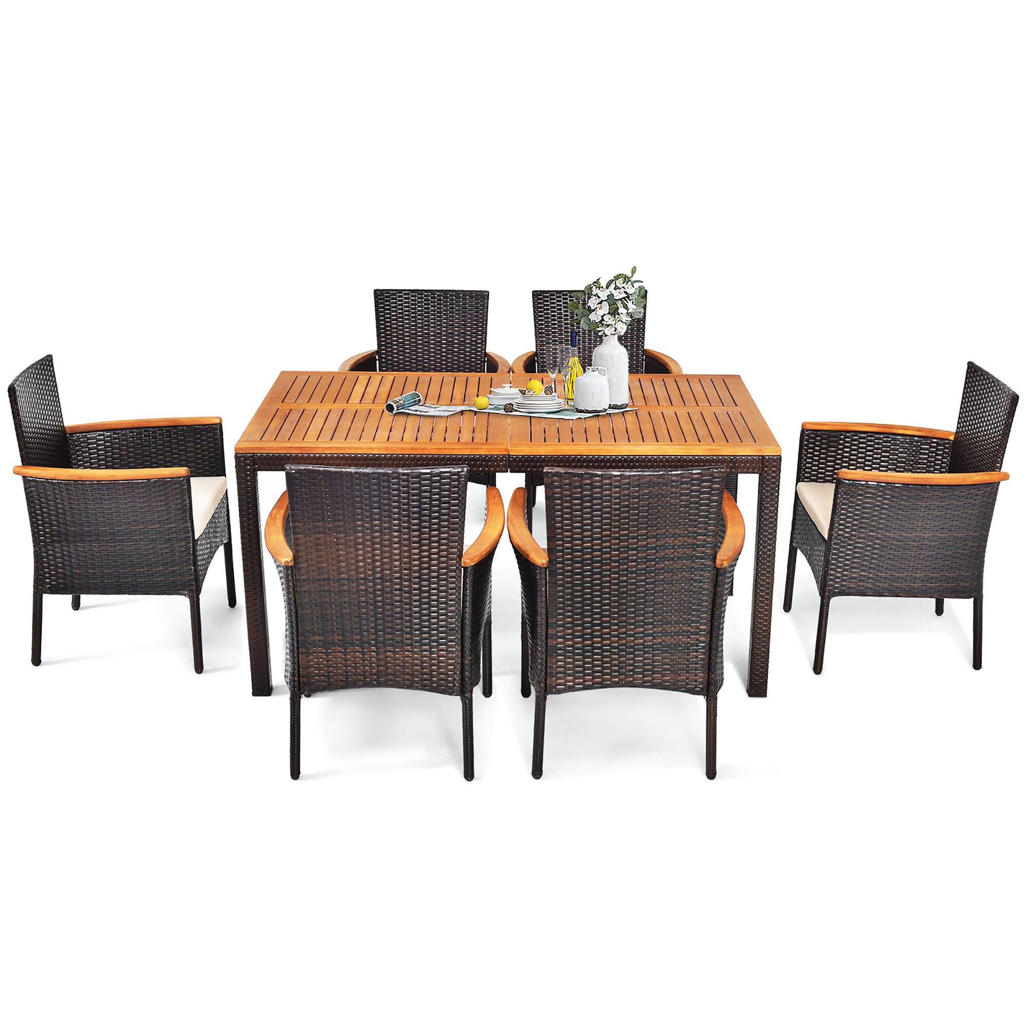 Angle. Costway - 7PCS Patio Rattan Dining Set Armrest Cushioned Chair Wooden Tabletop - Brown.