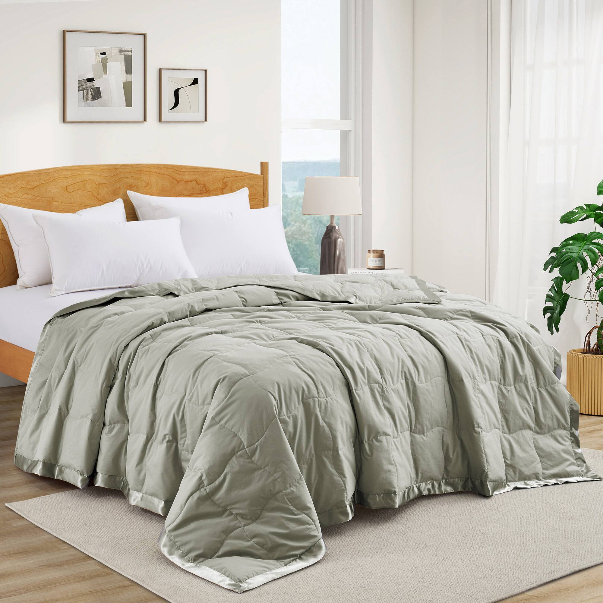 Angle. Peace Nest - Peace Nest Ultra-Lightweight Down Blanket with Satin Trim, Sage Green, 90x90 inches - Sage Green.
