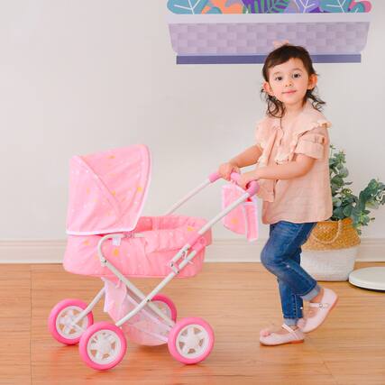 Front. Teamson Kids - Olivia’s Little World Wishing Stars Deluxe 2-in-1 Baby Doll Stroller, Pink.