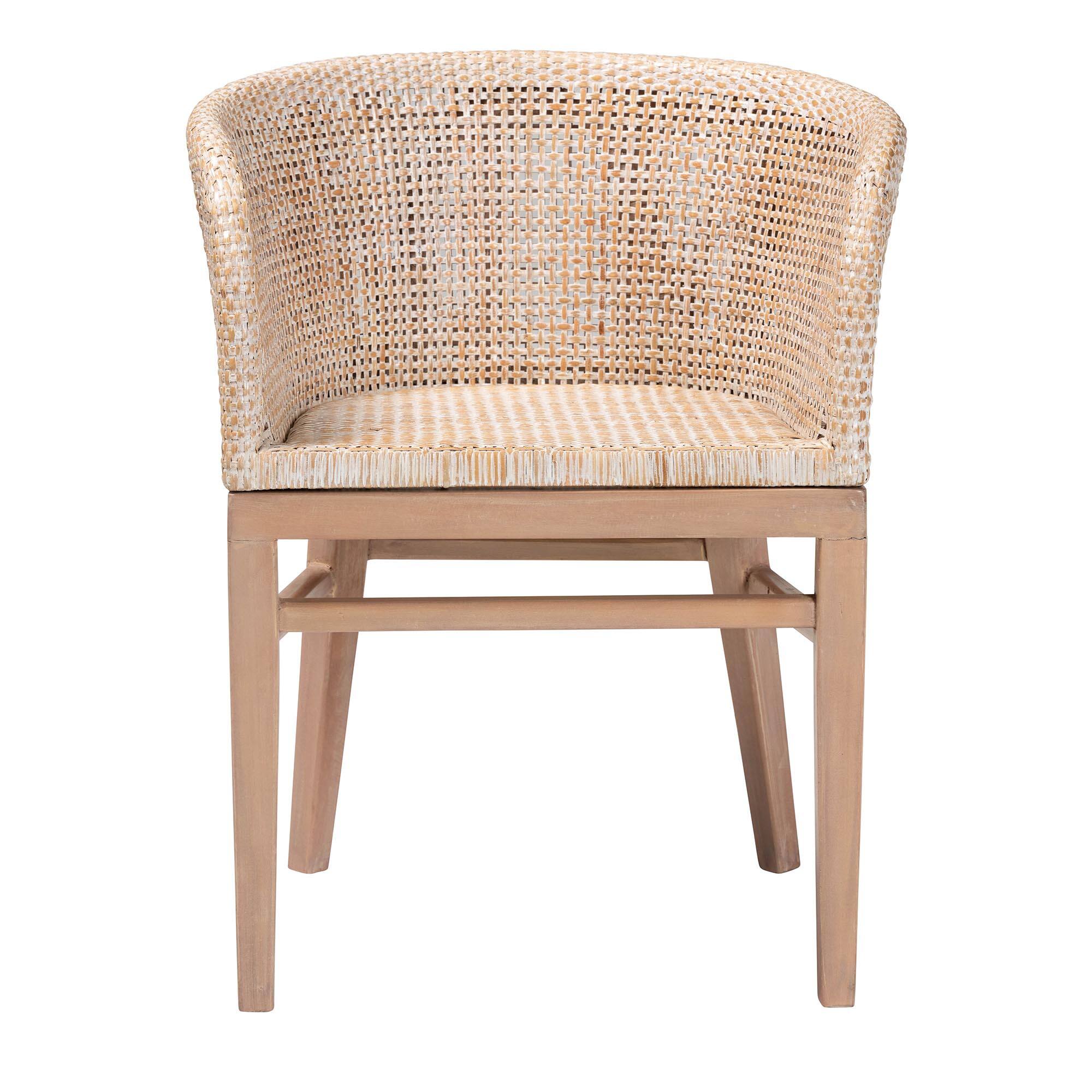 Angle. bali & pari - Papua Modern Bohemian Antique Washed Rattan and Mahogany Wood Dining Chair - Antique white wash/ Light brown.